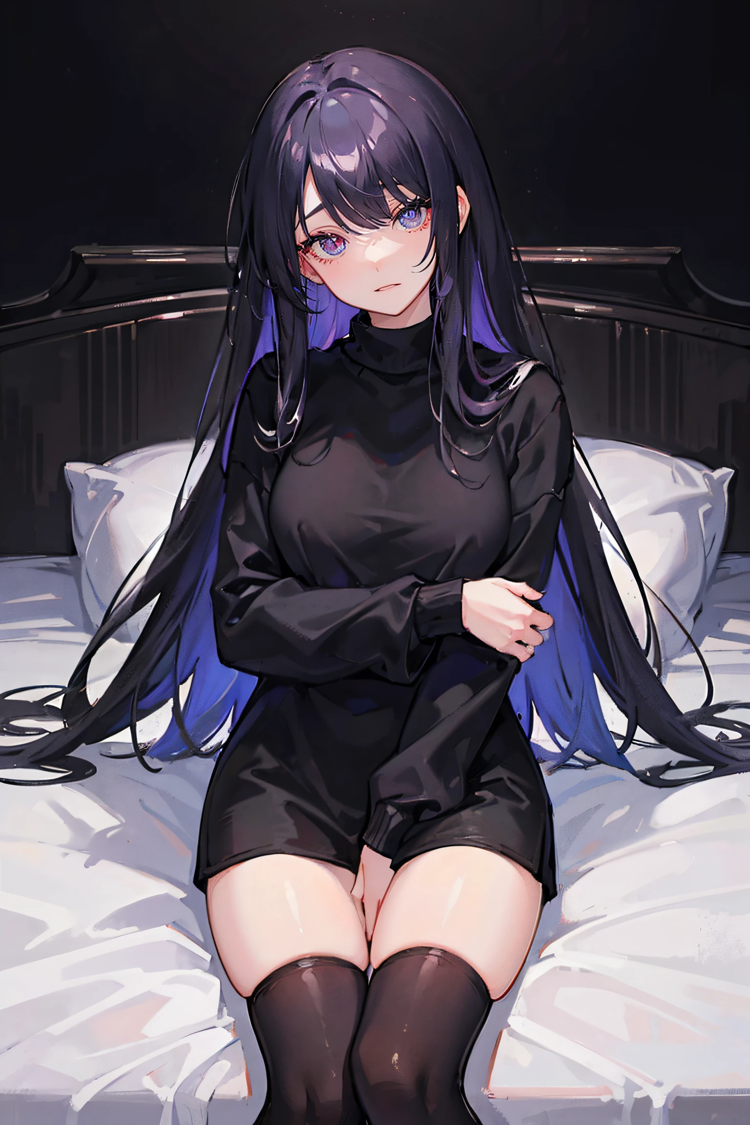 A anime goth girl, wearing a black hoodie, wearing red lacy panties, dark blue hair, lying down on bed, (lying down on stomach)