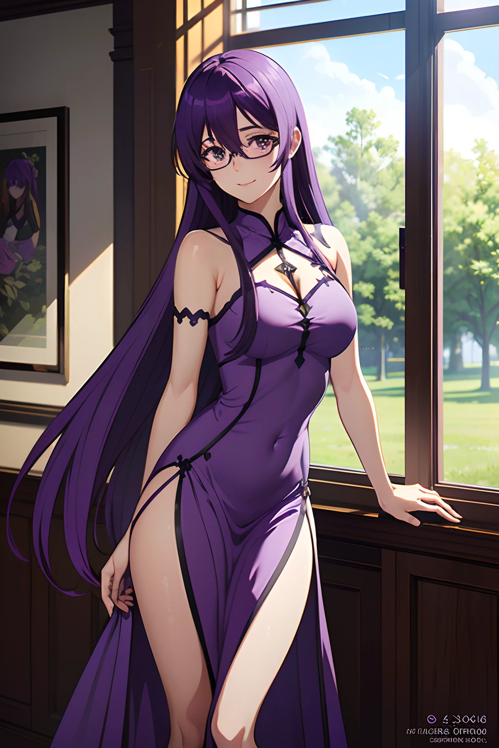 Sheele, solo, glasses, purple hair, 1girl, purple eyes, long hair, smile, window, bare shoulders, hour glass body, ((Purple Sundress)) ((Extremely Detailed)), ((Best Quality)), ((Masterpiece)), ((4k)), under rimmed eyewear