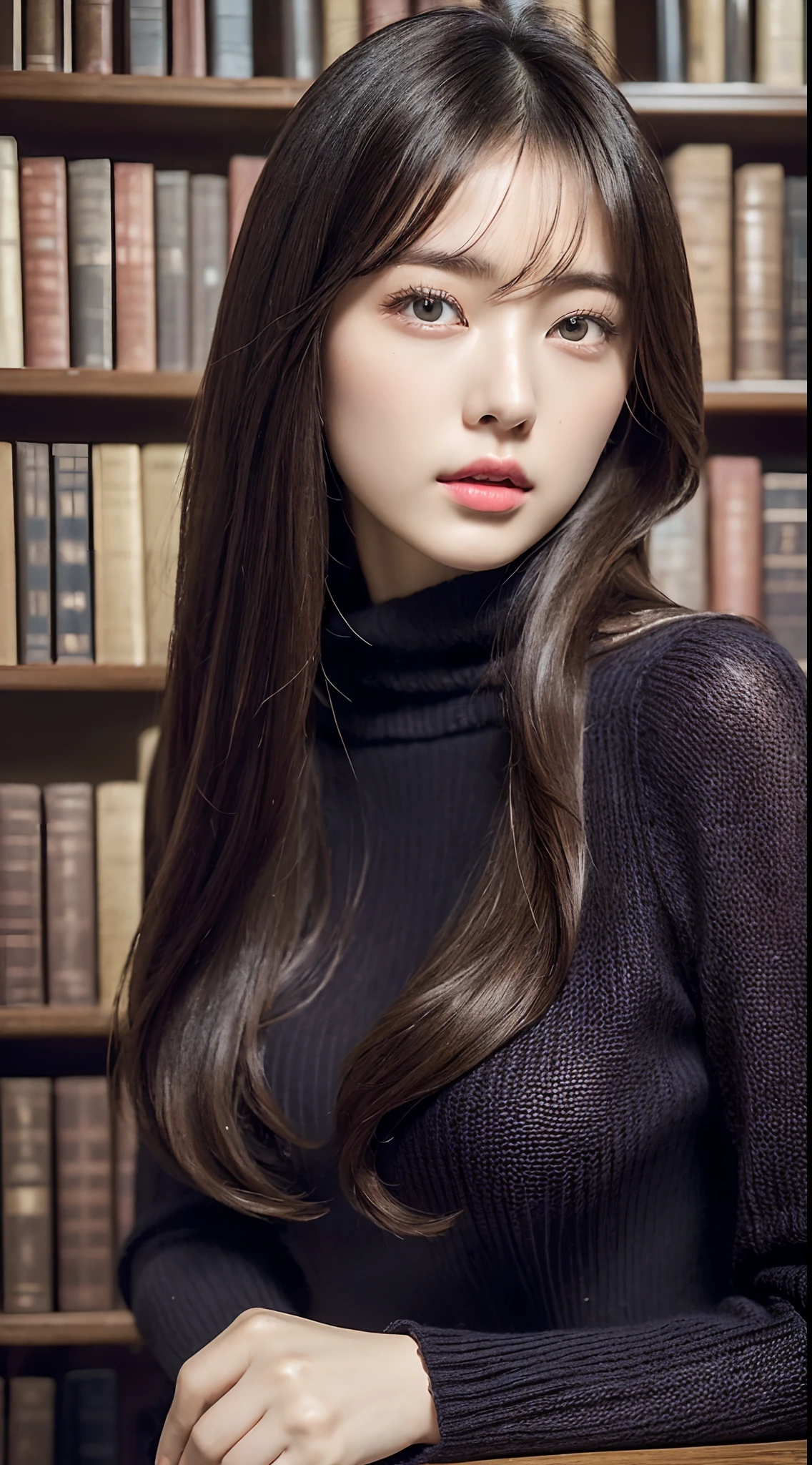 (Highest Quality,realisitic,Photorealsitic,extremely delicate and beautiful,Highly detailed,finely detail,ultra-detailliert,hight resolution:1.3),japanes, femele、(age19)、Viewer's Perspective ((Beautiful and shiny straight semi-long hair))、Bangs are parted in the middle Embarrassed look ((Half-open lips)),(Beautiful fece:1.2) (kawaii:1.3) front facing ((Half-open lips)),Beautifully groomed hair ((The background is inside a very fashionable luxury library at night:1.3)),((Accurate and detailed human body:1.3)) ((Fashionable Trending Fashion)) ((fashion modell:1.3)),Gravure model for fashion magazine Very classy ((Intellectual))、((Slightly thicker dark brown knit sweater))long skirt Inside a beautiful high-end library Sit at a high-end desk and a high-end chair and read a chunky book The gaze is directed to the book ((Detailed and super high quality, Realistic face reproduction:1.3)
