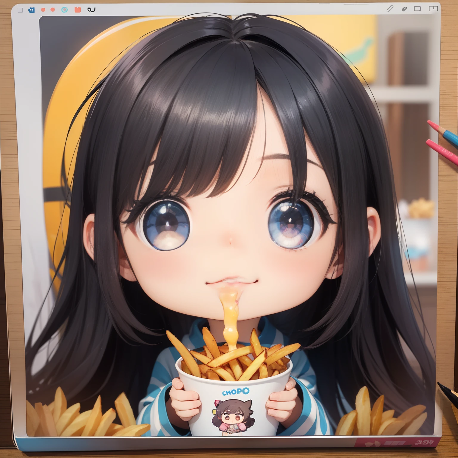 perfect-composition、Perfect pictorial composition、Cartoon girl with long hair、cartoon artstyle、Cartoon Cute Girl、Chibi Girl、Chibi、cute cartoon style、Cute art style、Cartoon style、Cartoon style illustration、Digital art of cartoons、Cute digital art、Cute anime girl、Chibi、estilo chibi、Kawaii Girl、an anime drawing、pop-art、Cartoon style illustration、３Equivalent、Head large、kawaii eyes、radiant eyes、Sparkling eyes、kawaii faces、Innocent face、smooth hair、Black hair、Black hair、Potato fries、french fried、Eating、I'm eating french fries、food、kindly smile
