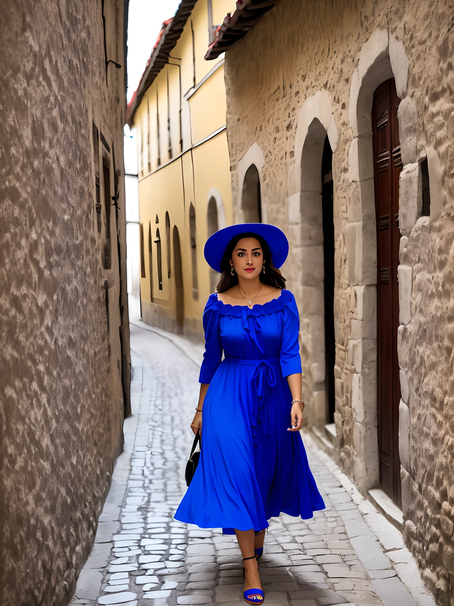 Hot latina woman walking in the old style European streets. Wearing hit blue and red dress. Her can be seen under the dress