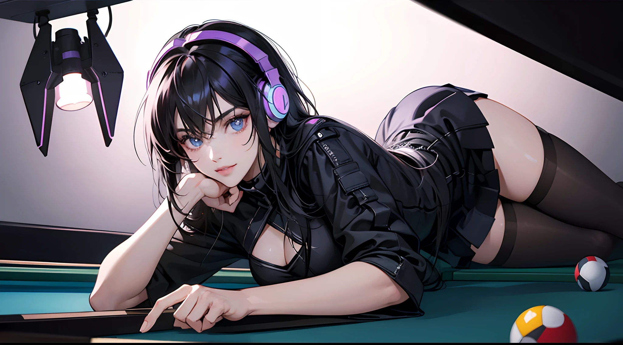 tmasterpiece, Best Picture Quality, Super meticulous, Billiard room, A girl with black hair and blue eyes in a sexy short dress, She was lying on a pool table, Holding a stick in your hand, Large viewing angle, 独奏, extremely detailed eye, close-up on legs, blacksilk, Hairline, shinny hair, bangs pinned back, raised eyebrow, eyeballs, gradient_eyes, Light smile, putting makeup on, lightand shade contrast, Gloomy contrast, Cinmatic lighting, first person perspective, highly, high qulity, best qualtiy, A high resolution, cowboy lens, hyper HD, cyber punk perssonage, ultra-realistic realism, LED lights, headphones, behind-the-head headphones, projected inset, Cubist Futurism, Cubist Futurism, Surrealism, Cubist Futurism, Surrealism