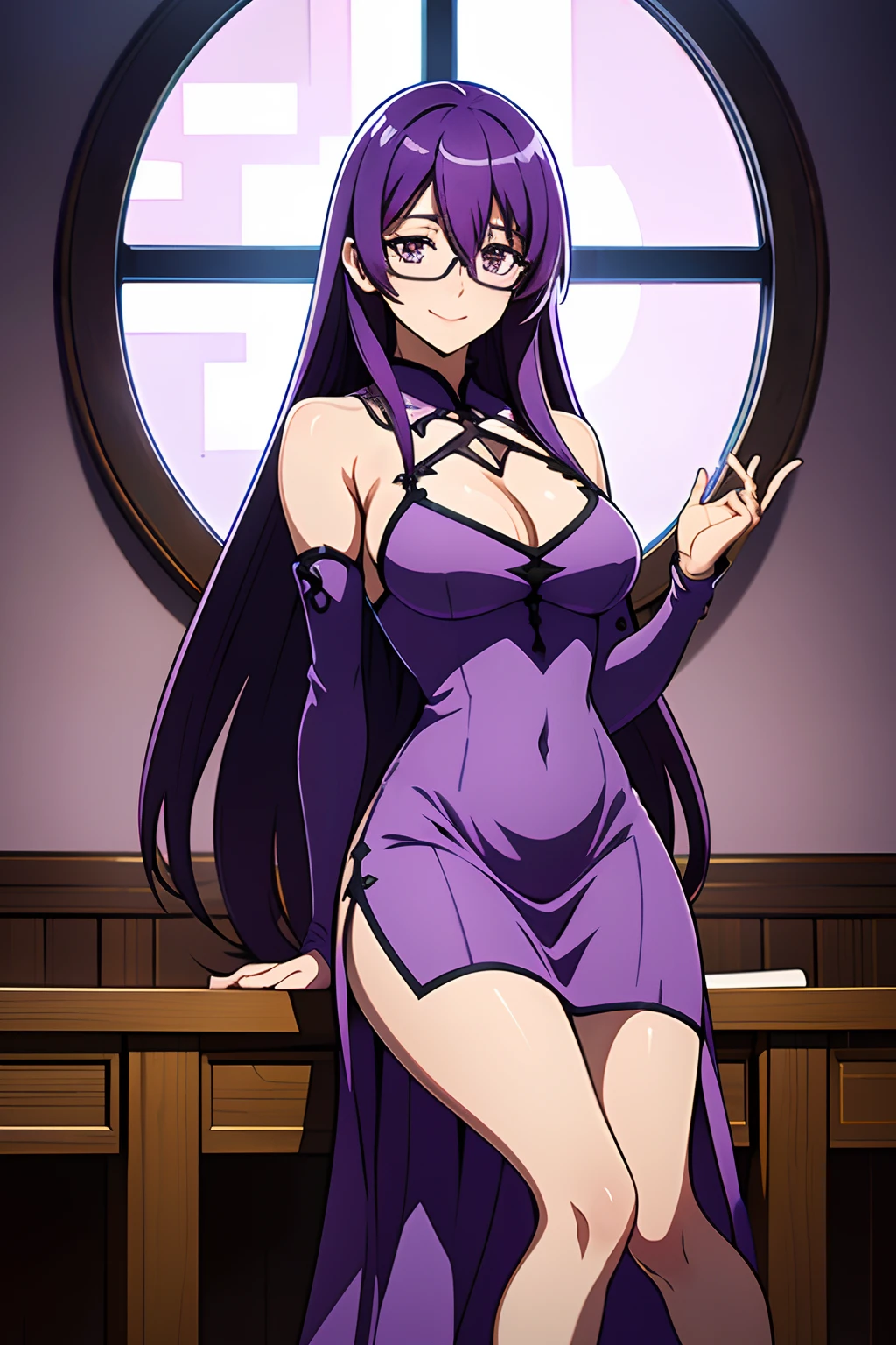 Sheele, solo, glasses, purple hair, 1girl, purple eyes, long hair, smile, window, bare shoulders, hour glass body, ((Purple Sundress)) ((Extremely Detailed)), ((Best Quality)), ((Masterpiece)), ((4k)), under rimmed eyewear