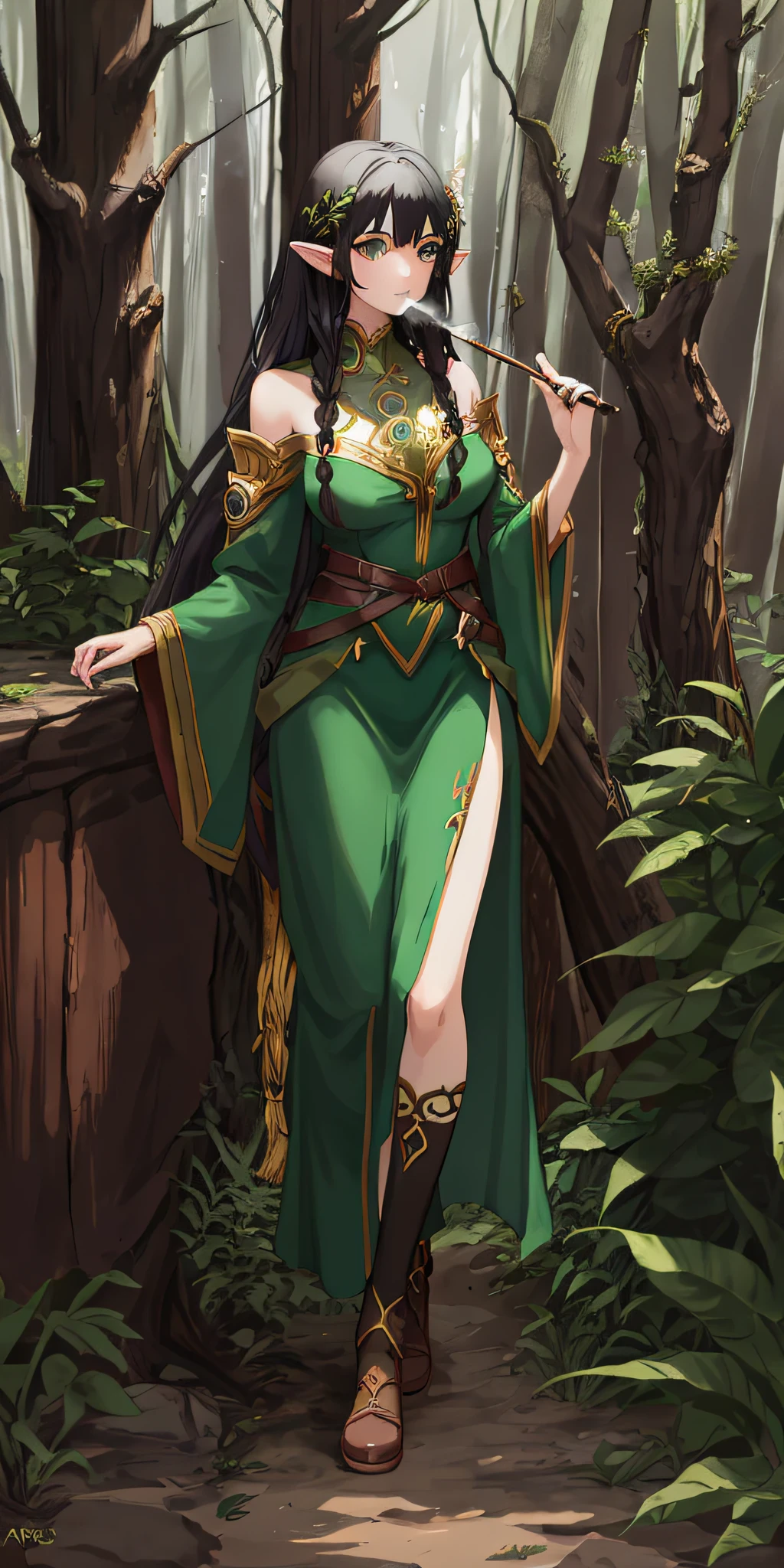 anime - style illustration of a woman with black hair and green eyes in a forest, high quality, high detail, smoking pipe in right hand, smoke coming out of pipe, left hand down, female forest, full body of a forest mage, beautiful female druid, female druid, druid goddess, forest hunter lady, full body of a female druid, female earth mage, beautiful, goddess of the forest, astri lohne, elf girl,