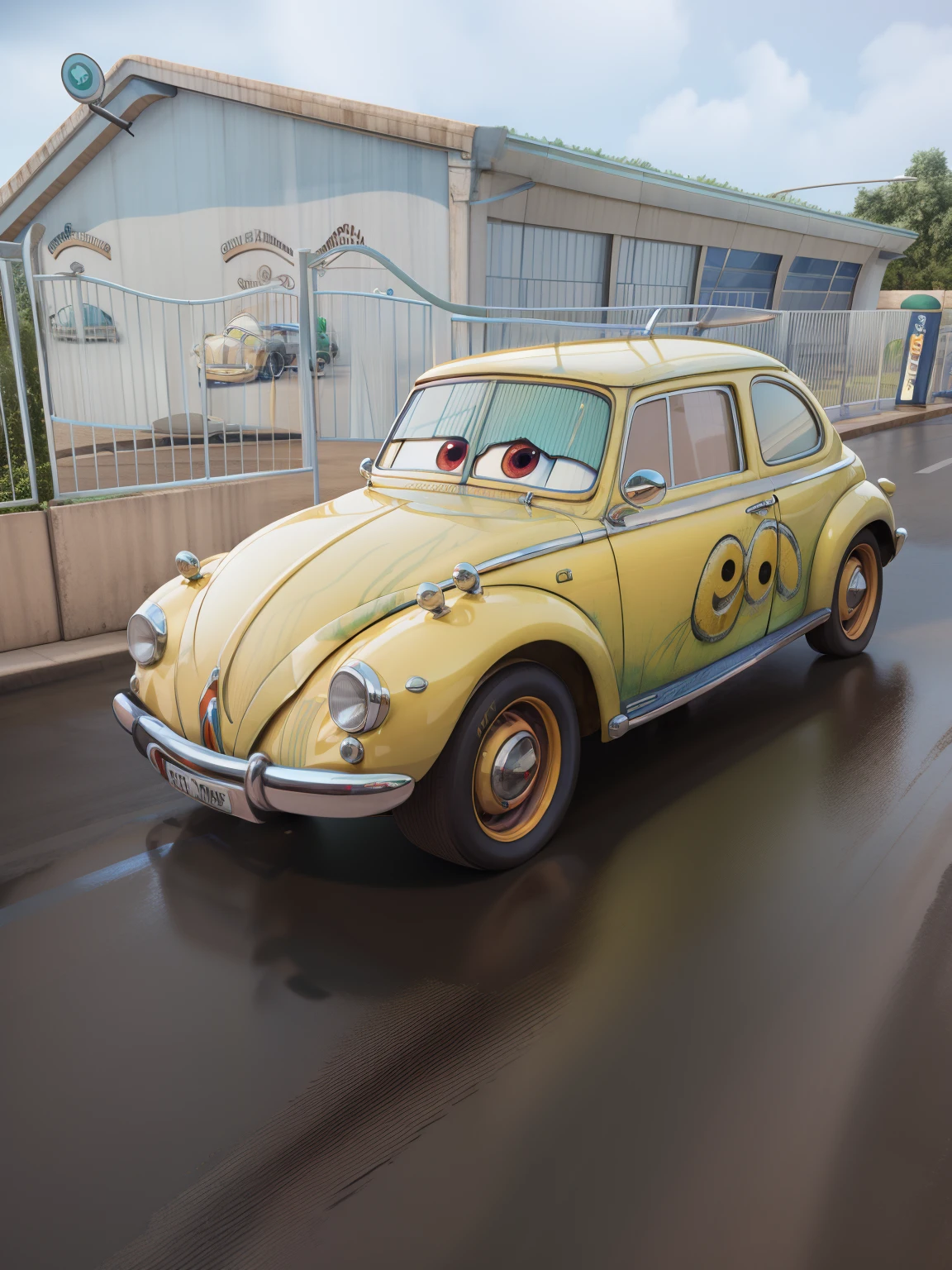 Detalhado, CG, Pixarcars, carro Beatle, vehicle, pintura amarela, corpo amarelo, olhos verdes, 3D-rendering, Pixar