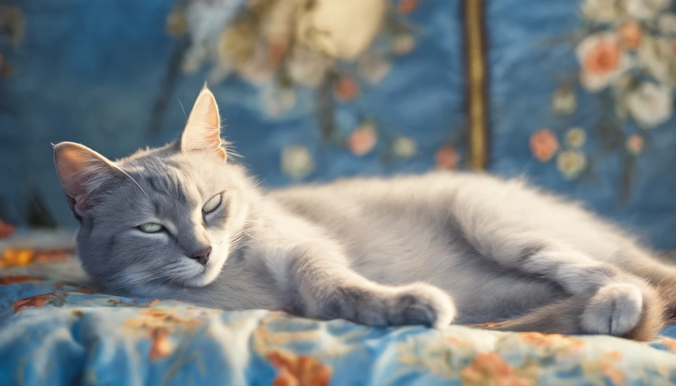 Light grey cat sleeping happily on a blue bed Flooded with sunlight Warm colors