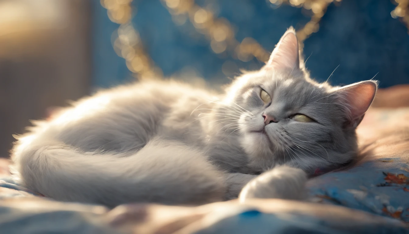 Light grey cat sleeping happily on a blue bed Flooded with sunlight Warm colors
