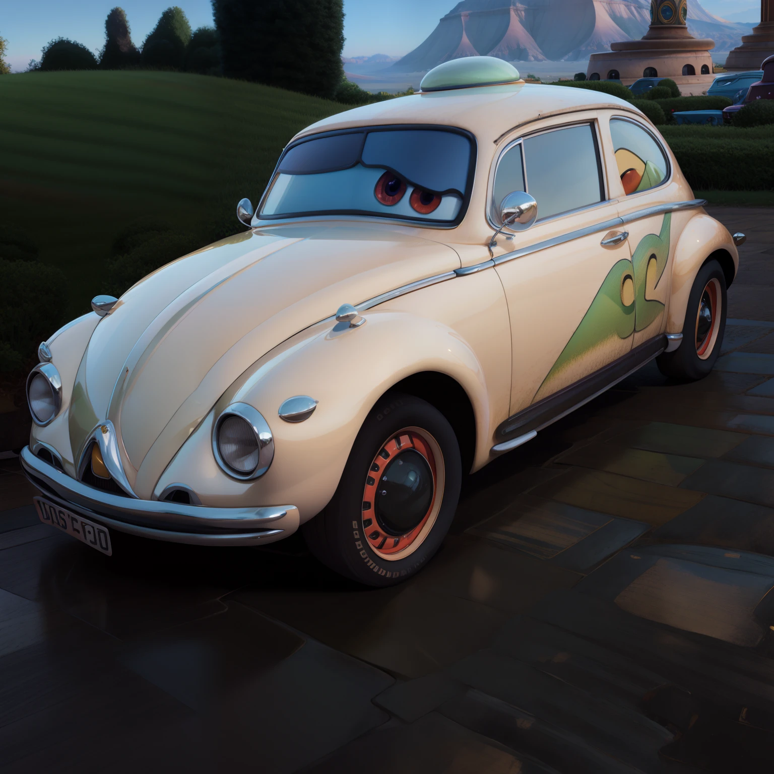 Detalhado, CG, Pixarcars, carro Beatle, vehicle, pintura amarela, corpo amarelo, olhos verdes, 3D-rendering, Pixar