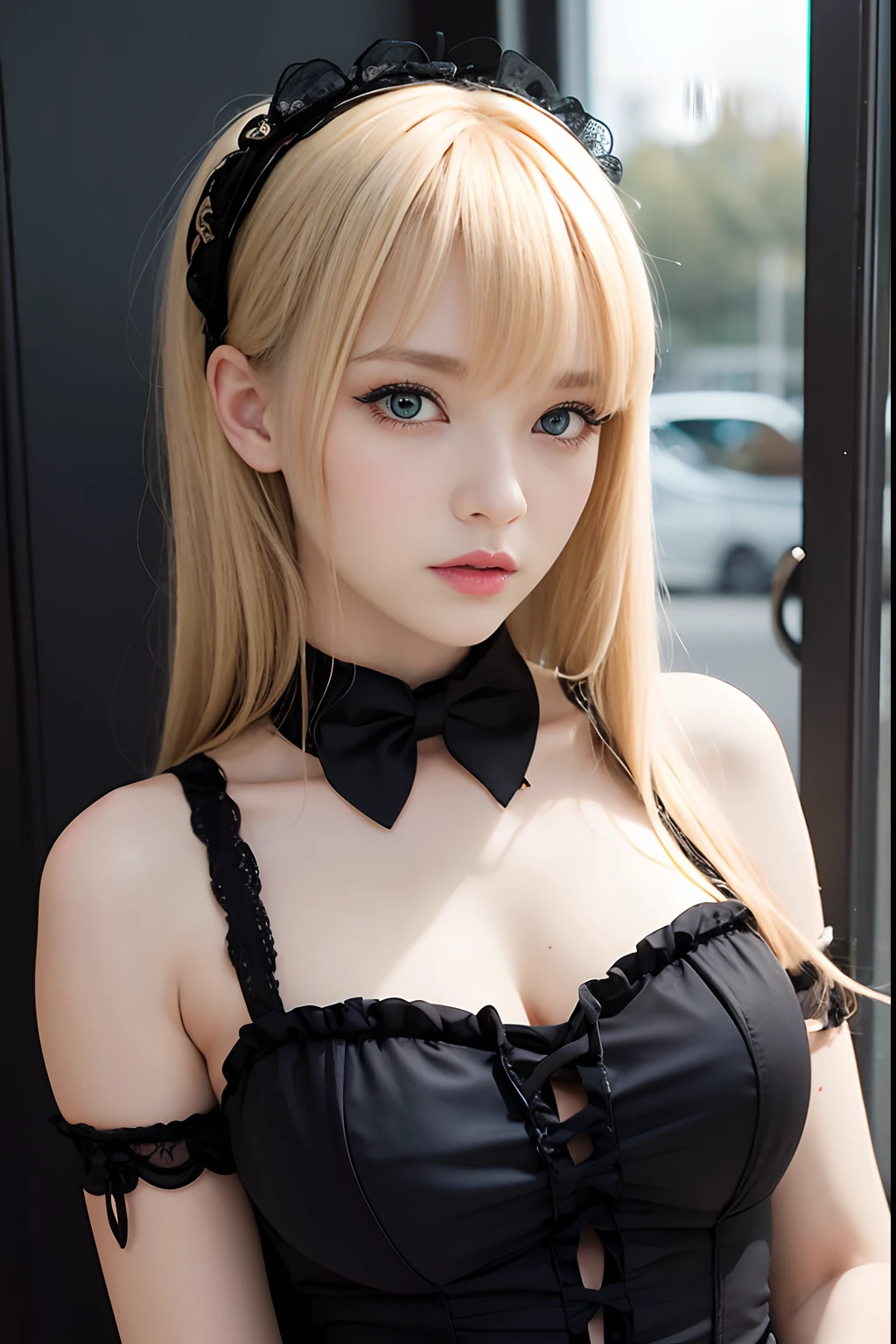 A girl,16 year old,blonde,(bangs bangs),pretty face,muscular arms,Gothic and Lolita dress