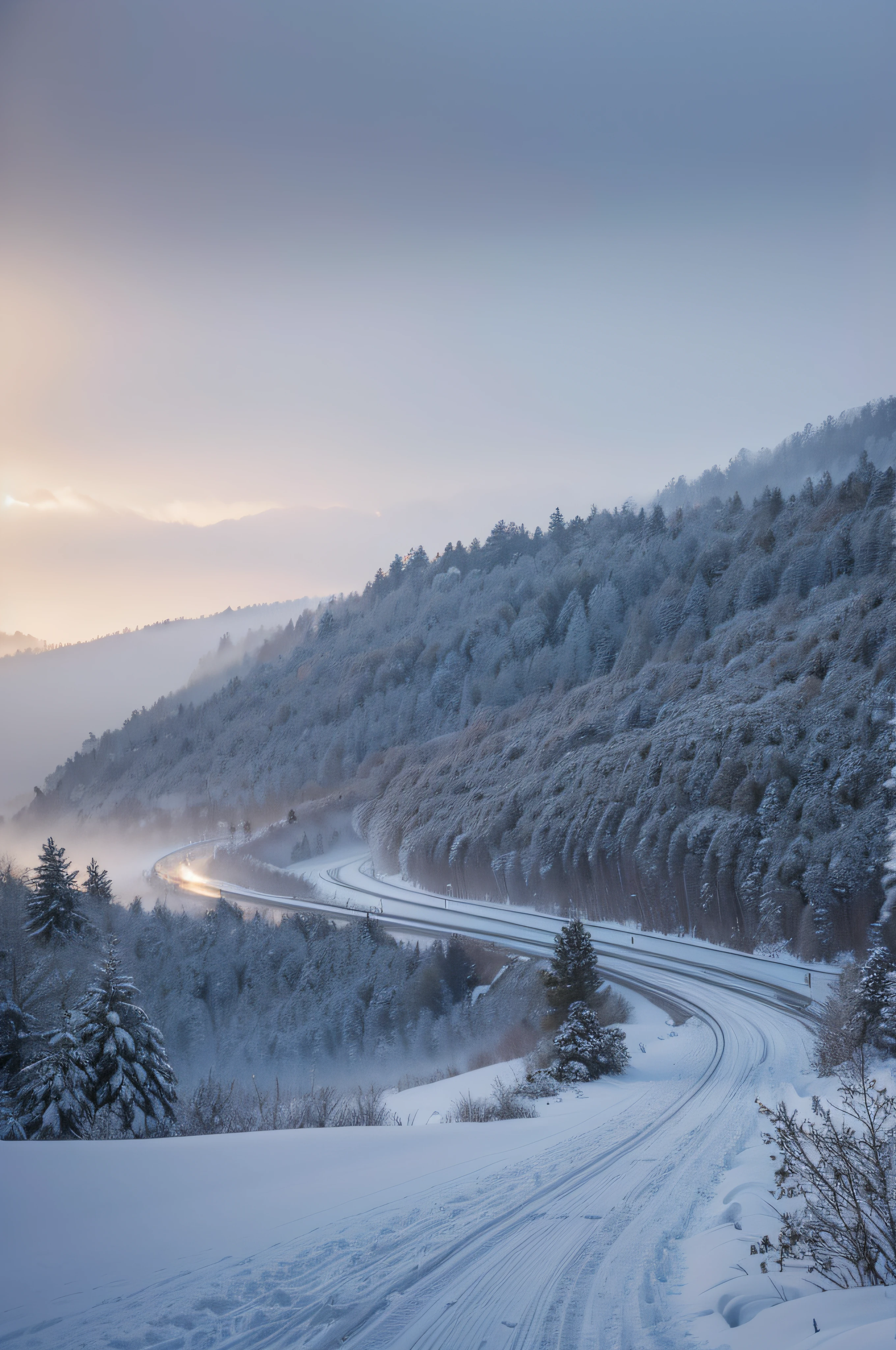 (a scenic landscape),(best quality,4k,highres),(snowfall),(misty frost),snow-covered road,straight road leading to the horizon,beautiful hoarfrost on the sides of the road,overcast sky,gray sky,dense foggy atmosphere,serene winter scene
