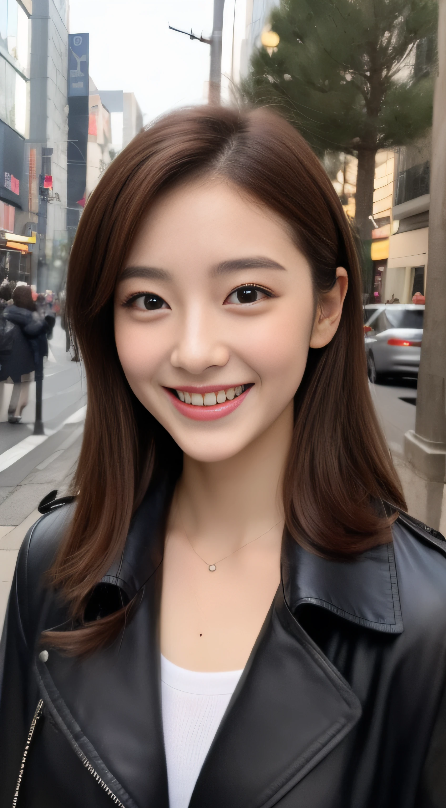 The face is a hostess、trench coat、hiquality、A hyper-realistic、healthy、Smiling expression、Slender perfect figure、Japan beauties、beautidful eyes、face perfect、Beautiful skin、The upper part of the body、Christmas tree、street