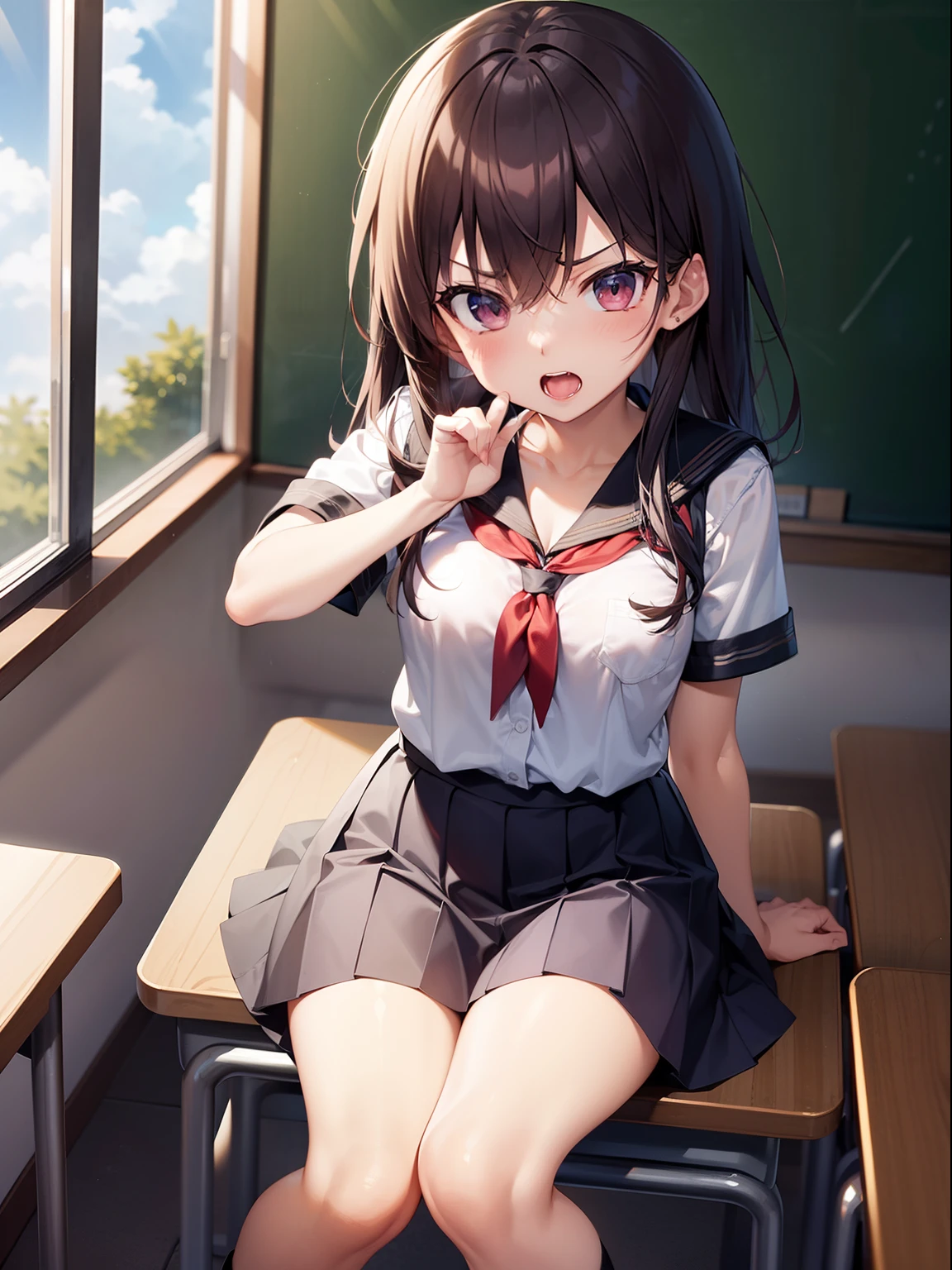 ai_generated aidreamcrush blue_eyes brown_hair cameltoe panties school_uniform  skirt skirt_lift tagme