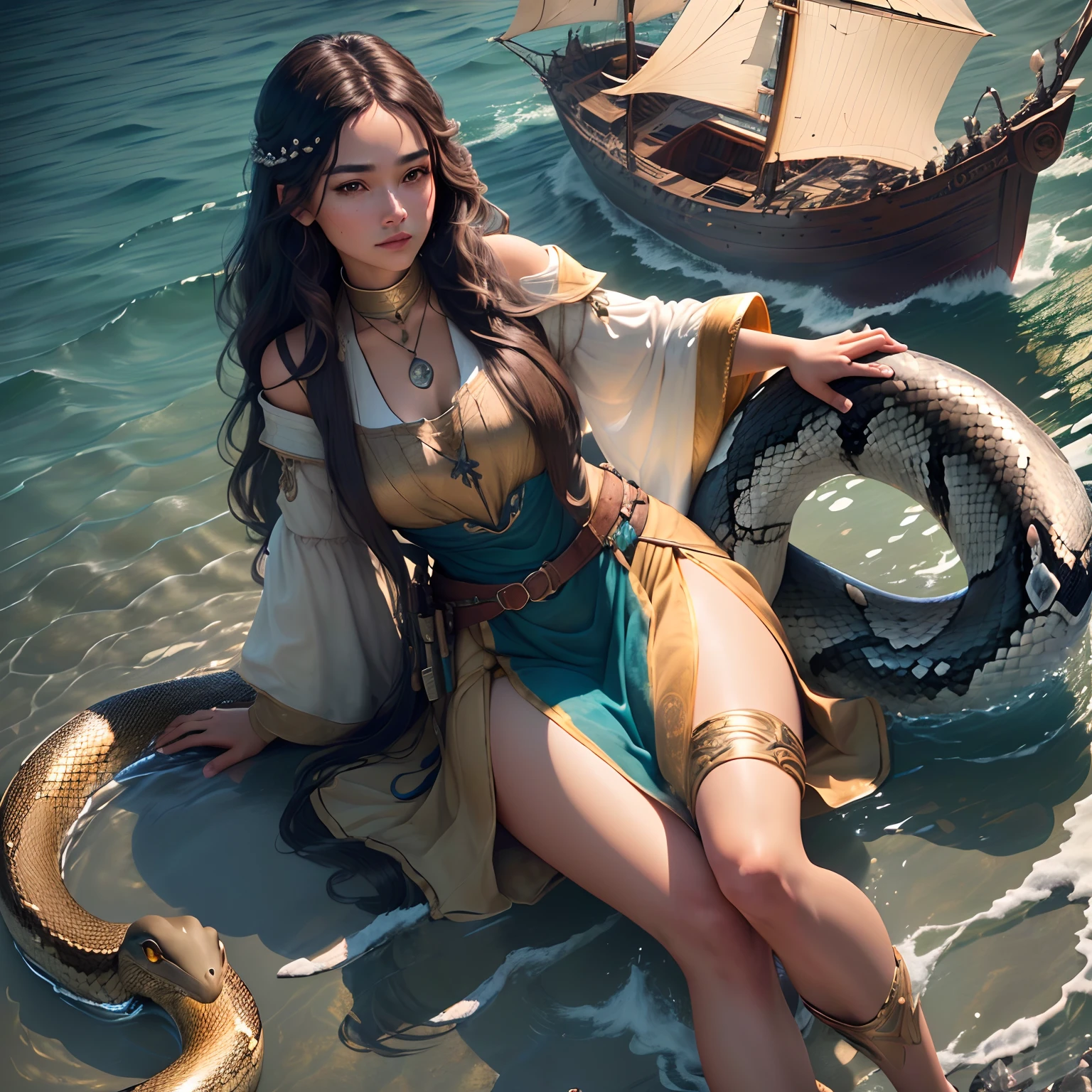 Beautiful face,Female, Brown eyes,Full shot body, (Snake-tailed woman), Snake tail, Colored scales,Natural magic, medieval era,(Extremely detailed Cg Unity 8K wallpaper), Perched on stones, The sea and the tattered sailboat behind her, The sea full of flames, Moonlight, High detail, Masterpieces, (hdr)(cinmatic lighting)(Sharp focus), Masterpiece, Best quality (Realistic:1.2),(Extremely detailed Cg Unity 8K wallpaper), (Best quality)