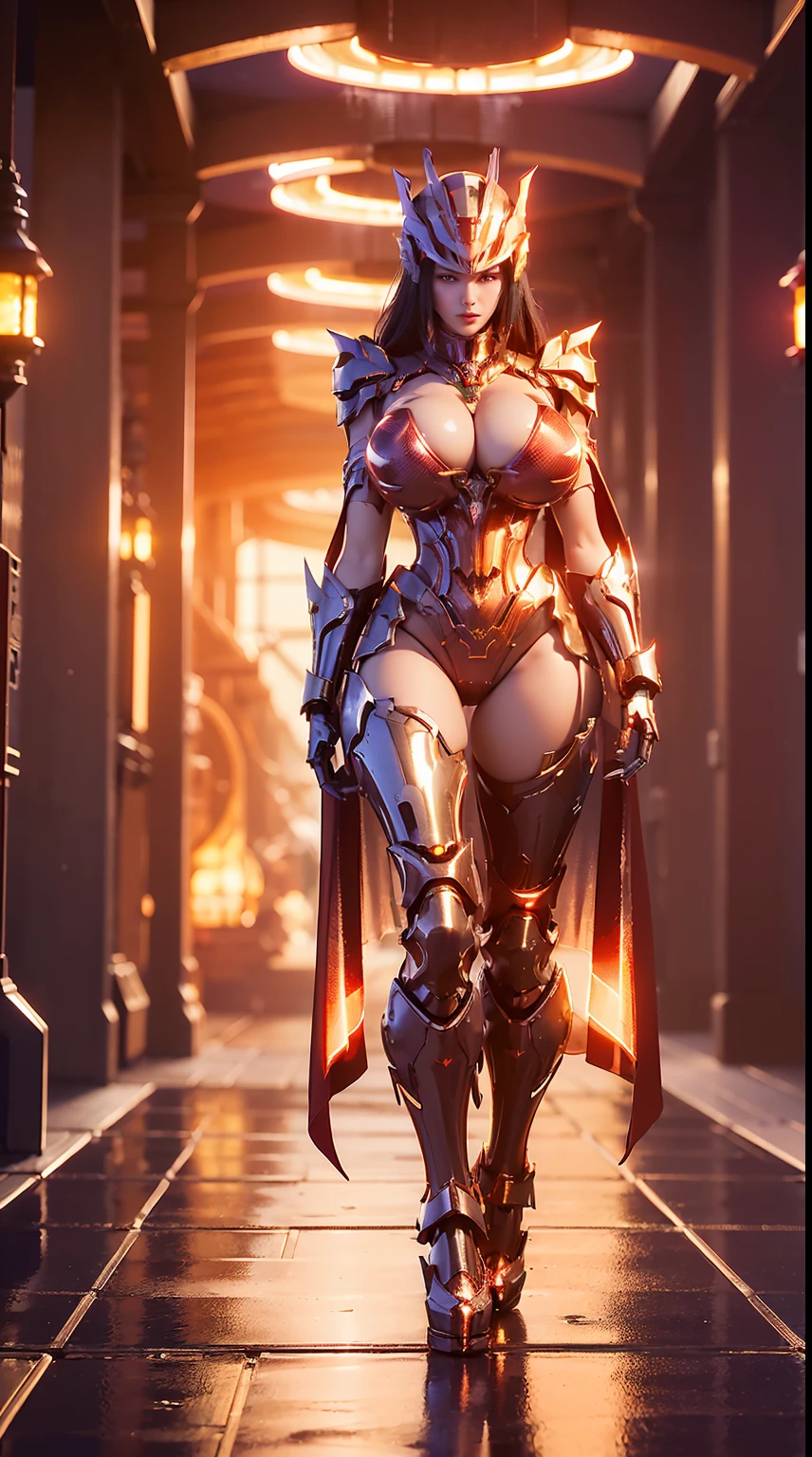 (1GIRL), (dark_hair), (phoenix mecha helmet:1.2), (BIG BUTTOCKS, HUGE Fake BOOBS:1.4), (PHOENIX MECHA GUARD ARM, GLOVES:1.3), (red, MECHA CYBER SHINY ARMORED SUIT, ROYAL CAPE, CLEAVAGE, MECHA SKINTIGHT HOTPANTS, GUARD ARMOR LEGS, HIGH HEELS:1.4), (NSFW MUSCULAR BODY, SEXY LONG LEGS, FULL BODY:1.5), (MUSCLE ABS:1.2), (LOOKING AT VIEWER:1.2), (WALKING DOWN HALLWAY OF FUTURISTIC SPACE STATION, BRIGHT LIGHTING:1), PHYSICALLY-BASED RENDERING, ULTRA HIGHT DEFINITION, 16K, 1080P.