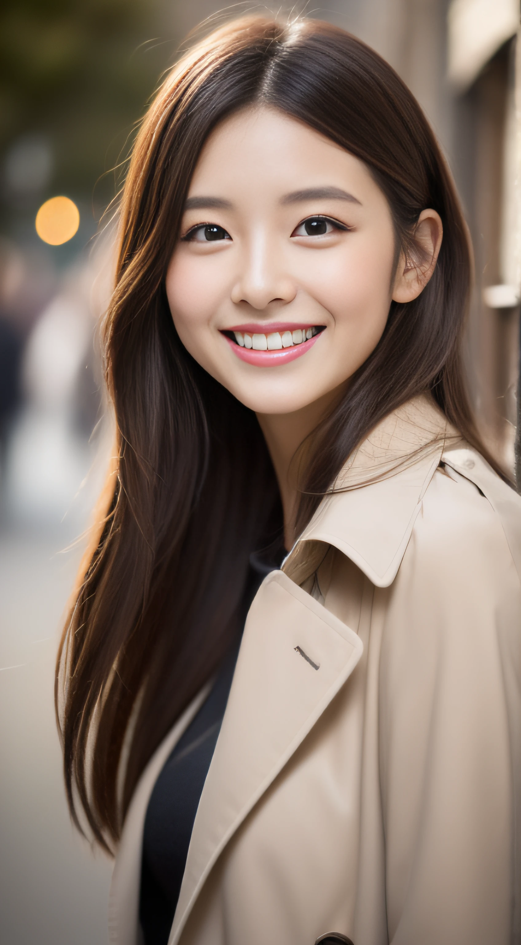 The face is a hostess、trench coat、hiquality、A hyper-realistic、healthy、Smiling expression、Slender perfect figure、Japan beauties、beautidful eyes、face perfect、Beautiful skin、The upper part of the body、Christmas tree、street