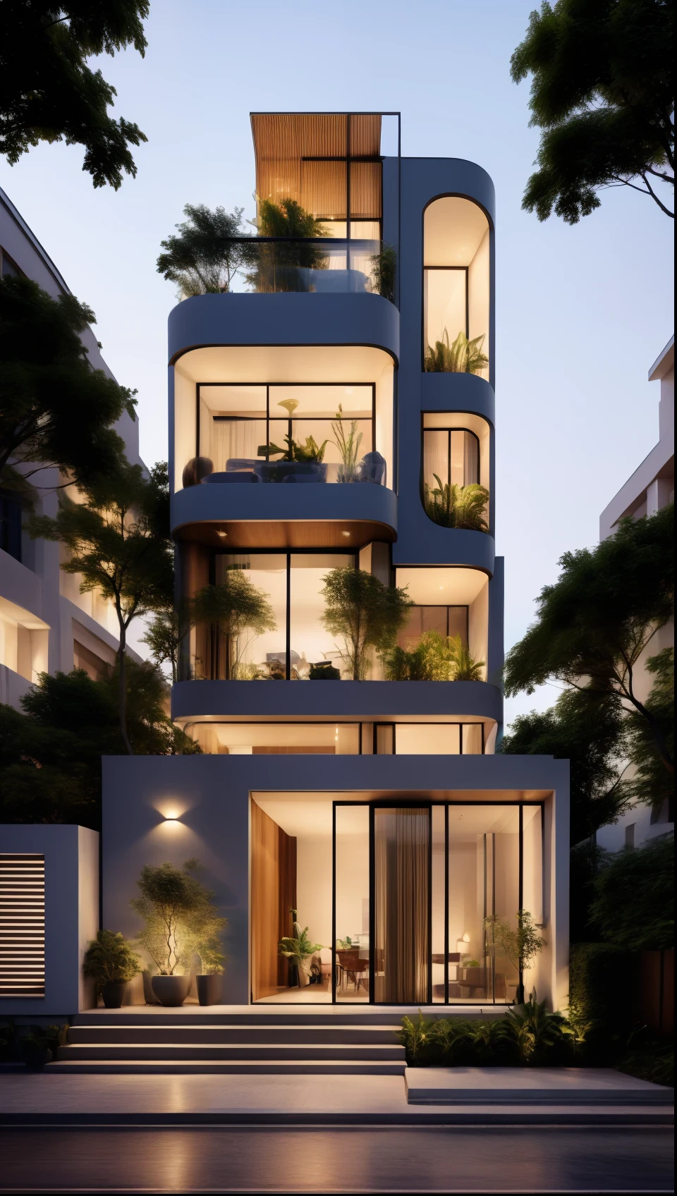 a drawing of a house with a staircase leading to a large glass window, high quality architectural art, architecture art, architectural illustration, contemporary architecture, mono,beautiful and realistic photos, busy surrounding space, realistic trees, surrounding landscape is the city, soft light, late afternoonchrome drawing, realistic architecture, architectural rendering, architectural sketch, in style of zaha hadid architect, architectural concepts, architectural concept, rounded architecture, architecture drawing, artistic drawing, exquisite architecture, beautiful artist rendering, architectural render