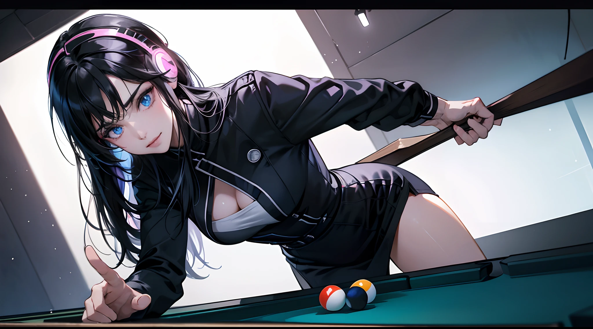 tmasterpiece, Best Picture Quality, Super meticulous, Billiard room, A girl with black hair and blue eyes in a sexy short dress, She was lying on a pool table, Holding a stick in your hand, Large viewing angle, 独奏, extremely detailed eye, close-up on legs, blacksilk, Hairline, shinny hair, bangs pinned back, raised eyebrow, eyeballs, gradient_eyes, Light smile, putting makeup on, lightand shade contrast, Gloomy contrast, first person perspective, highly, high qulity, best qualtiy, A high resolution, cowboy lens, hyper HD, cyber punk perssonage, ultra-realistic realism, LED lights, headphones, behind-the-head headphones, projected inset, Cubist Futurism, Cubist Futurism, Surrealism, Cubist Futurism, Surrealism