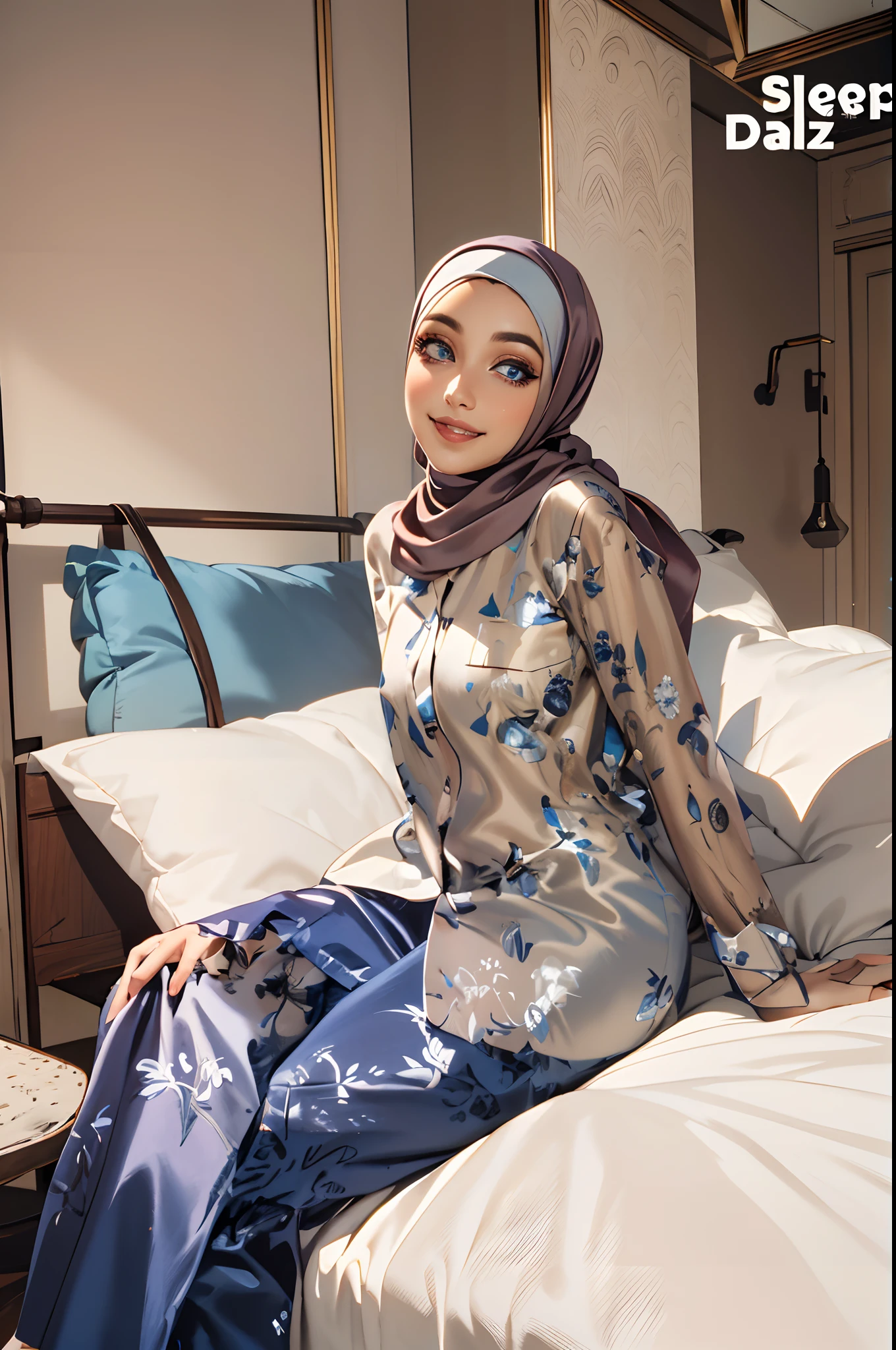 Masterpiece, realistic, best quality, best lighting, 1 girl photo solo, beautifully makeup, eyeshadow, Parted Lips, Detailed Eyes, beautiful big eyes, long eye lashes, smile, wearing ((Dark blue satin headscarf)), loosely tide hijab style, ((Taupe satin shirt)), satin long skirt,