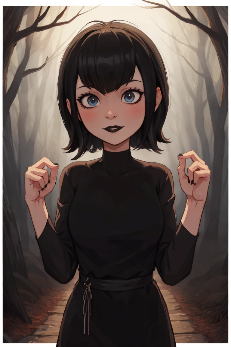 Mavis, upper body, standing in woods, black lipstick, cute, black hair