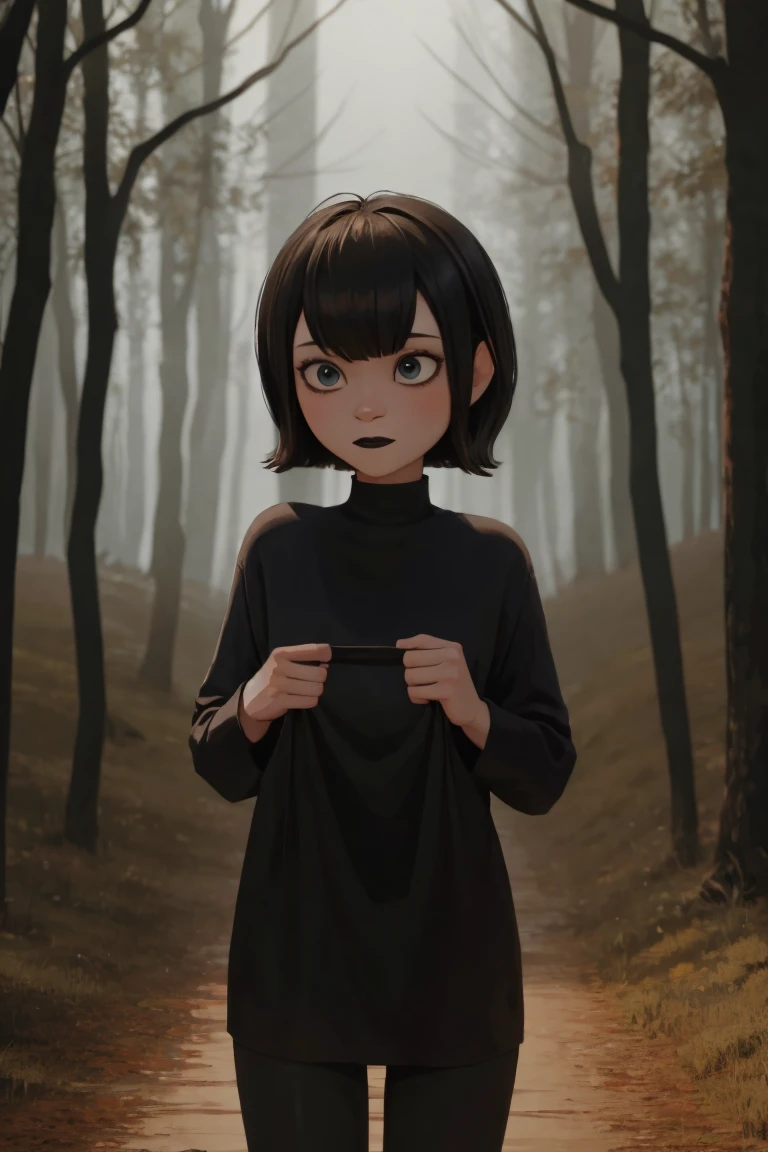 Mavis, upper body, standing in woods, black lipstick, cute, black hair