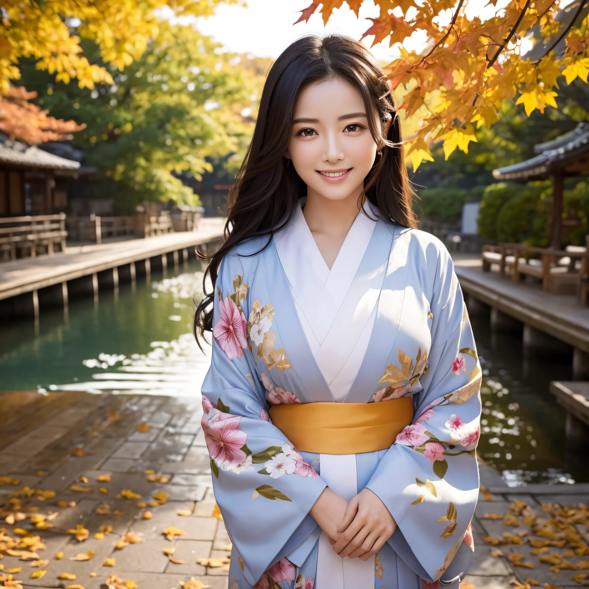 (Super beautiful woman in kimono)、((best qualtiy、8k masterpieces:1.3))、foco nítido:1.2、(ultra beautiful faces:1.0)、(shinny skin:1.0)、photos realistic、A dark-haired、Video Lighting、High-definition eyes and face、Video Lighting、Japanese actressl、from the front side、medium breasts、With a happy smile、wearing kimonos、Under the autumn leaves、