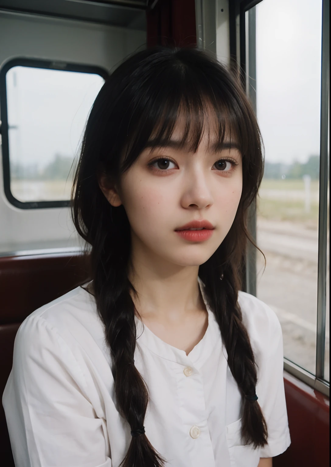 (Polaroid Photos, Photos that look like they were taken with a Polaroid camera:1.1), Water droplets on the window, It's raining heavily outside., Strong fluorescent light, Sitting woman, 25 me, (hair bangs:1.2), (Acid hair color, Braid hair:1.36),faint lips, cowboy shot, front-view, Wear café staff uniform , In the train, Rural landscape, windows, On the seat, natural skin texture, hyperrealism, HDR, hyperdetailed, RAW photo, photorealistic portrait, bestquality, highres, Realistic, 10, caustics, Dynamic lighting, beautiful and delicate lips, delicate fingers, detailed pupil, Real human skin,