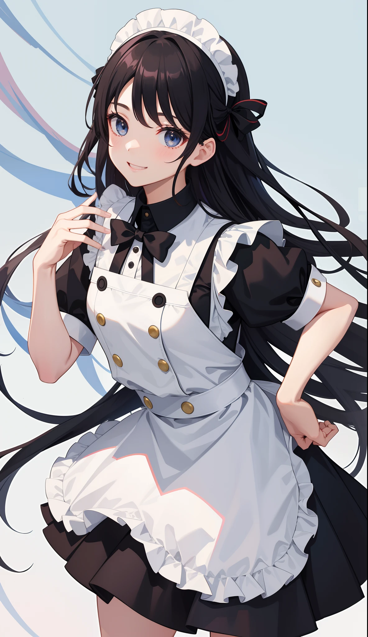 1girl in、AS-Adult、A smile、The shirt、skirt by the、（small tits）、doress、pinafore、Hair decoration、（Maid costume）、、Upper body portrait、movement、