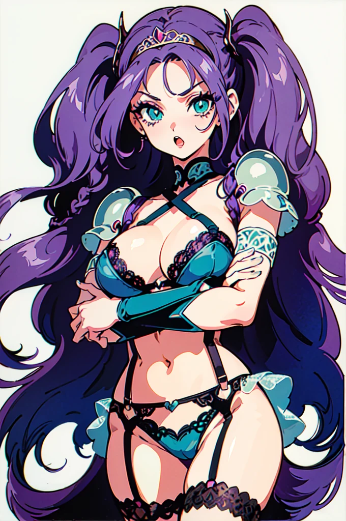 "(masterpiece:1.1), best quality,
1girl, (80s anime style:1.4), (eyelashes:1.5),
(intricate high detailed body:1.2),
purple hair,
(forehead:1.2), (twin braids:1.1), (tiara:1.2),
green eyes, (red lip stick:1.1),
(large breasts:1.1),
shy, open mouth,
(see-through lace leotard armor, criss-cross halter:1.2), (garter belt:1.2),
(suspenders:1.1), (accessories:1.1), long gloves,
standing, crossed arms,
(cowboy shot:1.1),
(simple white background:1.2)"