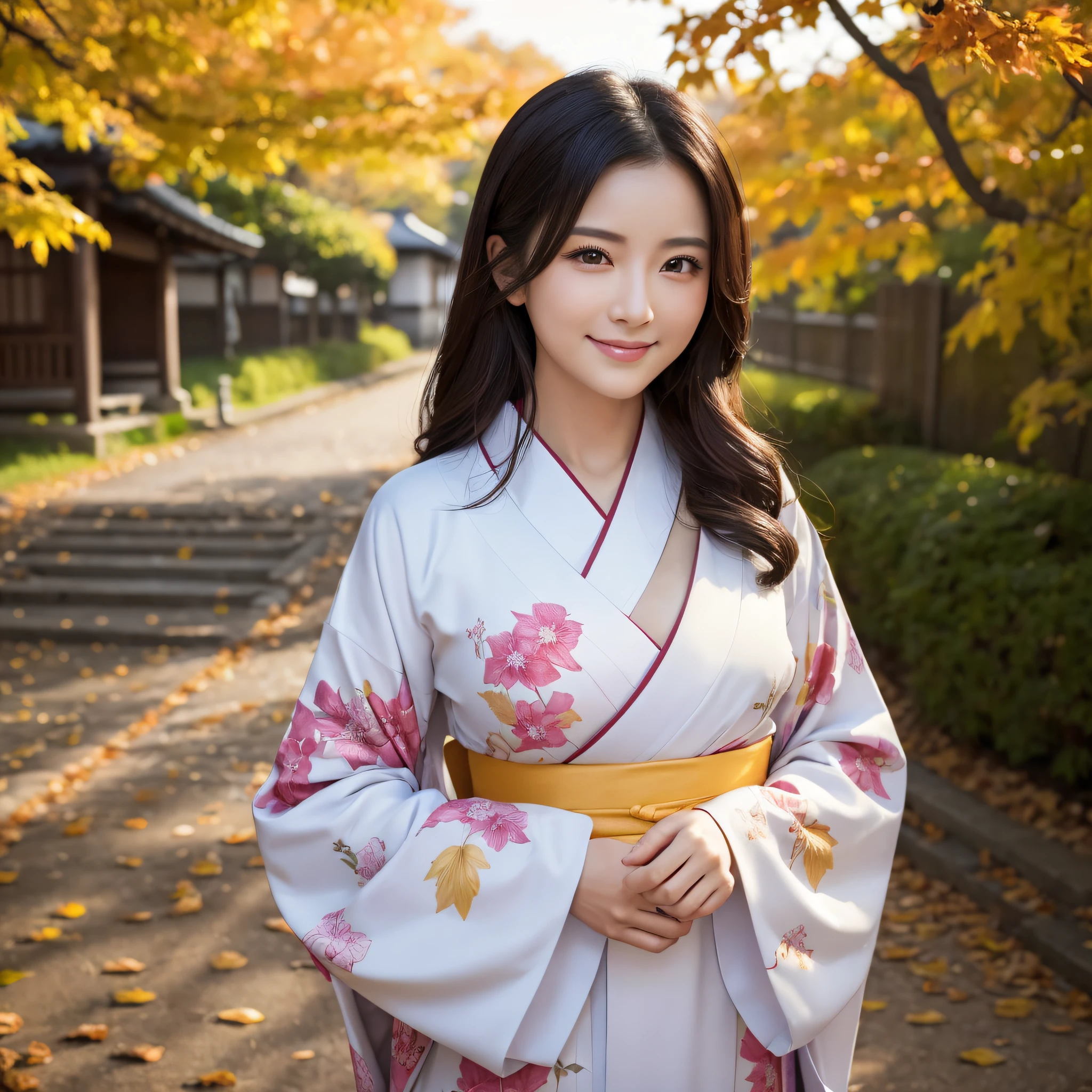 (Super beautiful woman in kimono)、((best qualtiy、8k masterpieces:1.3))、foco nítido:1.2、(ultra beautiful faces:1.0)、(shinny skin:1.0)、photos realistic、A dark-haired、Video Lighting、High-definition eyes and face、Video Lighting、Japanese actressl、from the front side、medium breasts、With a happy smile、wearing kimonos、Under the autumn leaves、