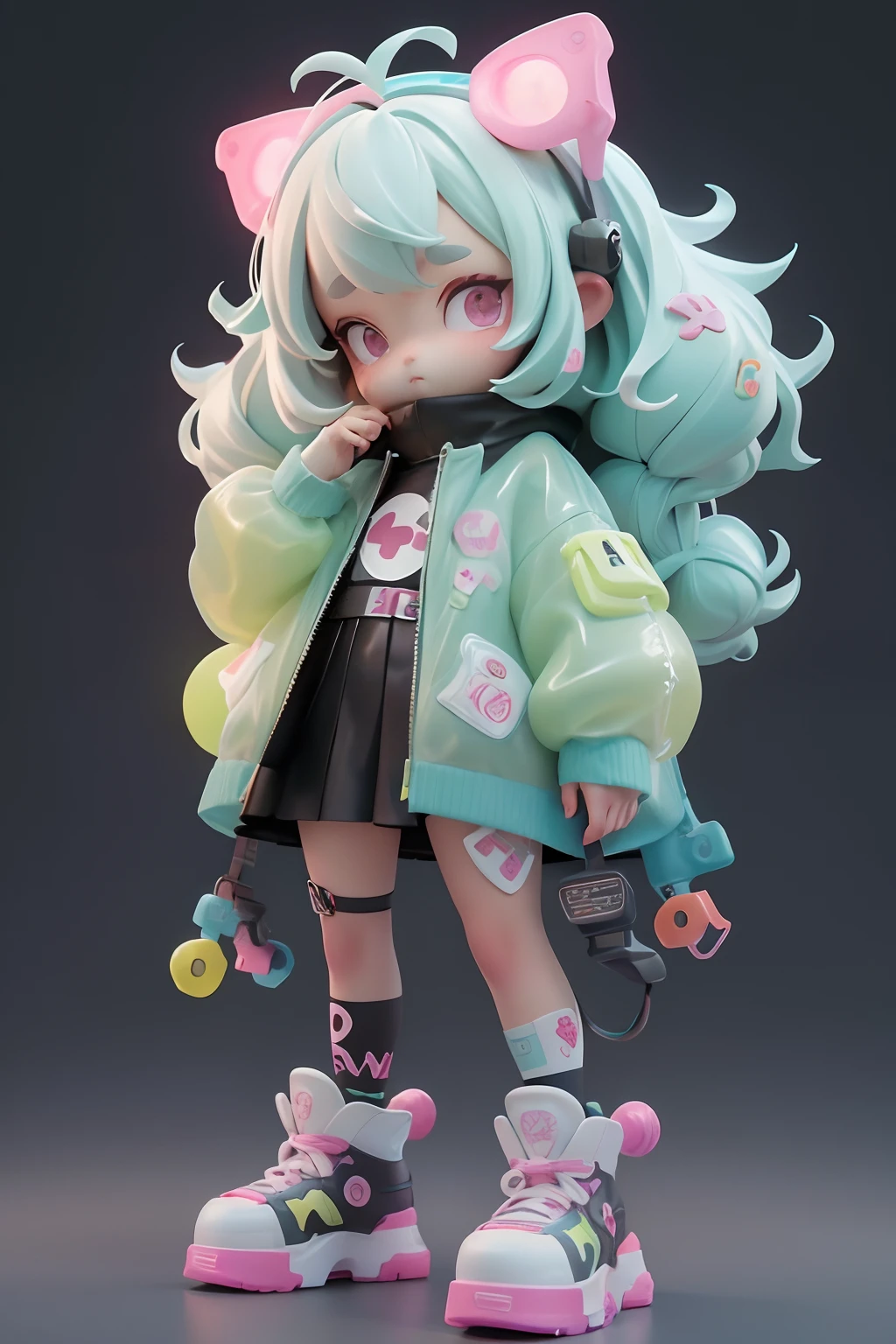 Cute little girl wrapped in clear plastic, tchibi, Fluorescent translucent sports fashion trend clothing, Wear skateboard shoes, Candy color, simple bright background, 3D toys, Cyberpunk Style, cinema4d, rendering by octane,16k,sense of science and technology, 3D model, Collectible toys,nendoroid,Street style,by Pixar,Big shoes , Fashion trends, Close-up, Full body --AR 3:4 --q 2 50 --niji 5 --niji 5 --s 100 --stylistic expression --s 2