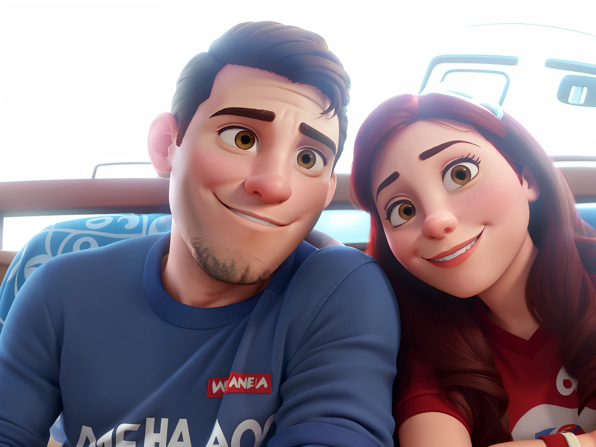 Casal (homem moreno claro 38 anos e mulher branca 34 anos) disney pixar, alta qualidade , melhor qualidade.