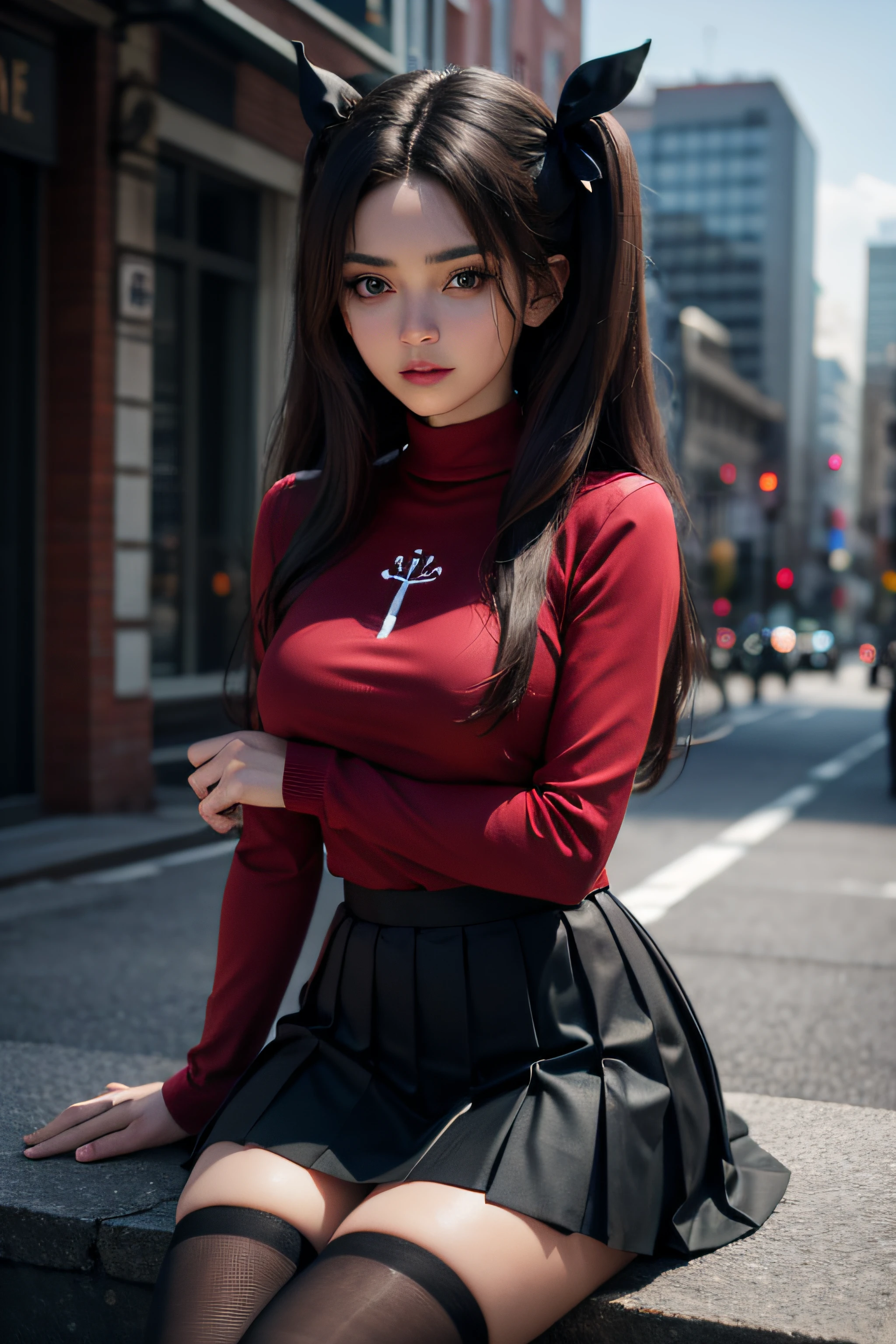 (masterpiece), best quality, expressive eyes, perfect face, 1girl, solo, rintohsaka, rin tohsaka, aqua eyes, black hair, hair ribbon, long hair, ribbon, sidelocks, two side up, black skirt, black thighhighs, long sleeves, miniskirt, pleated skirt, ((red sweater)), skirt, sweater, thighhighs, turtleneck, city background, sitting, character sheet, upper body, portrait, looking at viewer