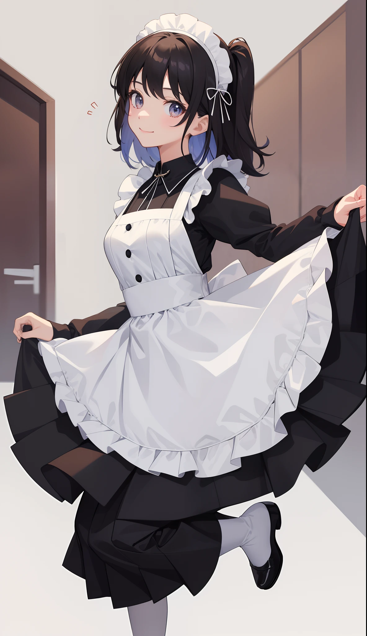 1girl in、AS-Adult、A smile、The shirt、skirt by the、(small tits)、doress、pinafore、Hair decoration、(Maid costume)、、Upper body portrait、movement、