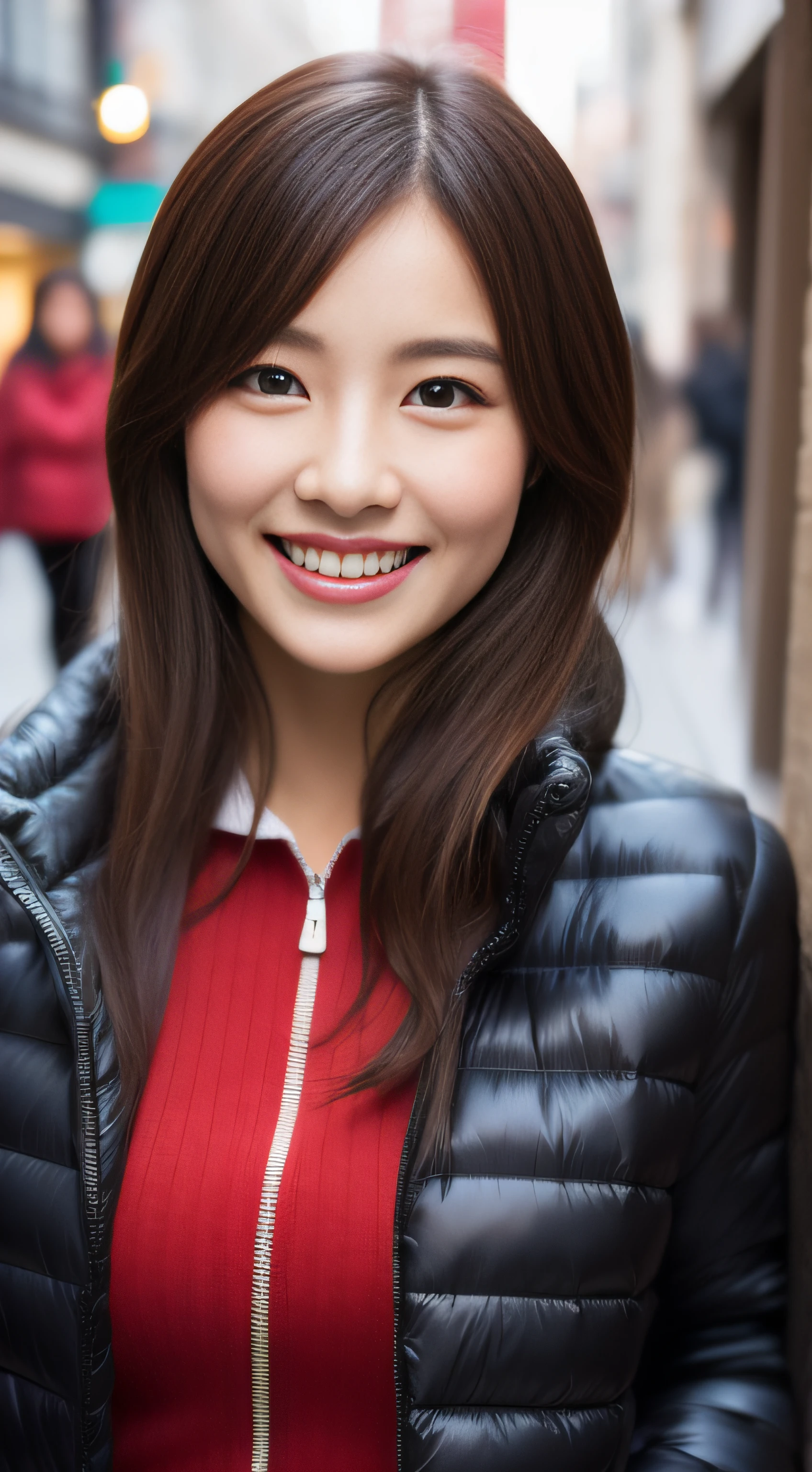 The face is a hostess、Down jacket、hiquality、A hyper-realistic、healthy、Smiling expression、Slender perfect figure、Japan beauties、beautidful eyes、face perfect、Beautiful skin、The upper part of the body、Christmas tree、street