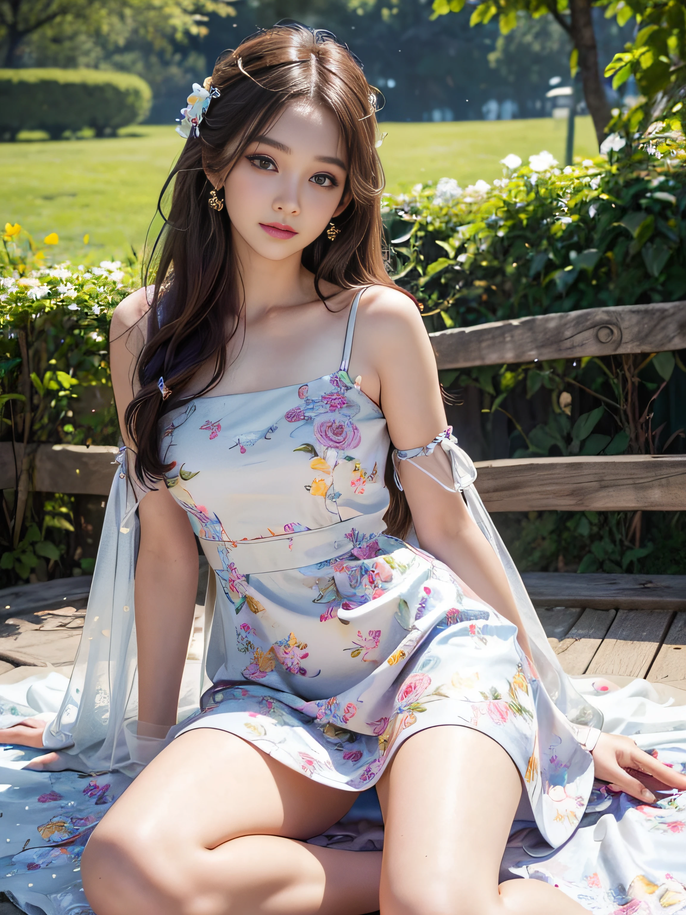 (8K high image quality), (top-quality), (RAW image quality),(masutepiece:1.2), (Realistic), (Photorealistic:1.37), largeeyes,long eyelasher,Exquisite(Live-action realistic style),The Ultimate Face,Photorealistic light and shadow,Clear facial features,milky skin,Fair skin, highdetailskin,Realistic skin details,Visible Pore,(Super Detail),Hair length is random, (Flowing hair),Best portraits,Shot from a short distance, Only one girl, Cute,Beautiful detailed eyes, beautiful detailed nose, highlydetailed skin) ,(Beautiful face with double eyelids), (Realism: 1.4),excellent details, Ultra-high resolution,,,delicate and beautiful face,,25-years old,(Beautiful Face 1.4),A slender, (Wear a simple dress with a floral pattern:1.2),((In a park rich in nature)),,Natural smile,(,Looks fun),Longhaire,,((Wear a simple dress with a floral pattern)),Very beautiful legs,(((squatting on viewer))),((Smile at your audience)),The color of the panties is white,Very attractive smile,Sit with one knee upright,((Sit down and show off your white panties)),(((Sit with your legs slightly spread apart))),