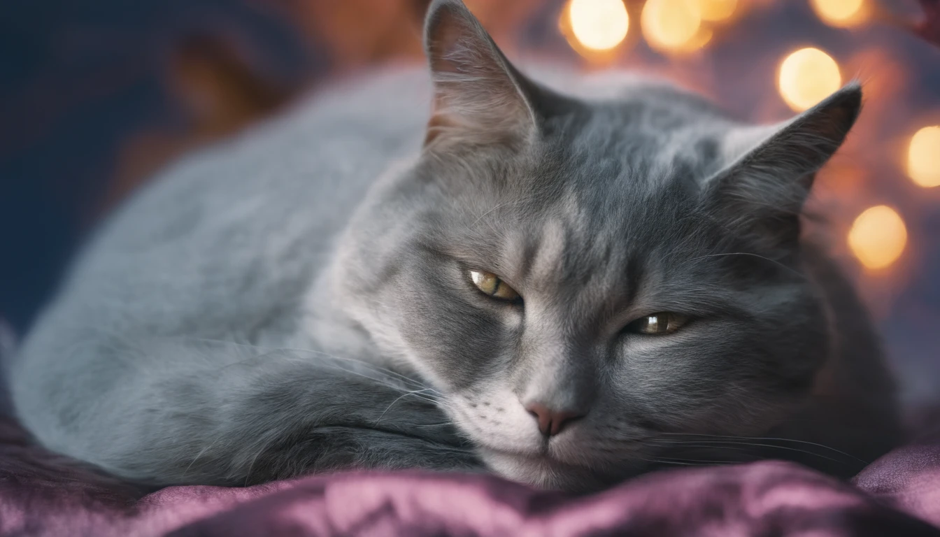 Light grey cat sleeping happily on a blue bed with closed eyes　Flooded with sunlight　Warm colors