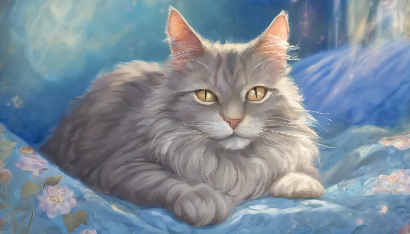 Light grey cat sleeping happily on a blue bed with closed eyes　Flooded with sunlight　Warm colors