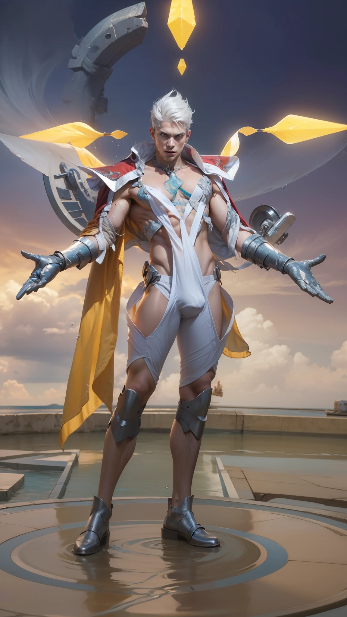 (max resolution: 1.2), (Ultra HDTV: 1.2), 8K resolution, Eye and skin details, detailed facial features, , (Sharp focus: 1.2), (Focus focus) facial expressions: 1.2), 1 Guy, Standing, White hair, exposed chest, 8 pack, (shirtless) shirtless, exposed white thighs, (((white briefs))), ((( Water, Seawater)))