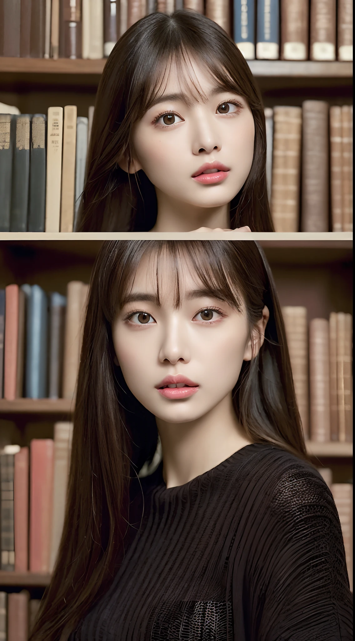 (Highest Quality,realisitic,Photorealsitic,extremely delicate and beautiful,Highly detailed,finely detail,ultra-detailliert,hight resolution:1.3),japanes, femele、(age19)、Viewer's Perspective　((Beautiful and shiny straight semi-long hair))、Bangs are parted in the middle　Embarrassed look　((Half-open lips)),(Beautiful fece:1.2) (kawaii:1.3) front facing　((Half-open lips)),Beautifully groomed hair　((The background is inside a very fashionable luxury library at night:1.3)),((Accurate and detailed human body:1.3)) ((Fashionable Trending Fashion))　((fashion modell:1.3)),Gravure model for fashion magazine　Very classy　((Intellectual))、((Slightly thicker dark brown knit sweater))long  skirt　Inside a beautiful high-end library　Sit at a high-end desk and a high-end chair and read a chunky book　The gaze is directed to the book　((Detailed, Ultra-high-quality eye reproduction:1.3)) (Realistic eye reproduction:1.3) ((Erotic look:1.3)) beautiful decollete
