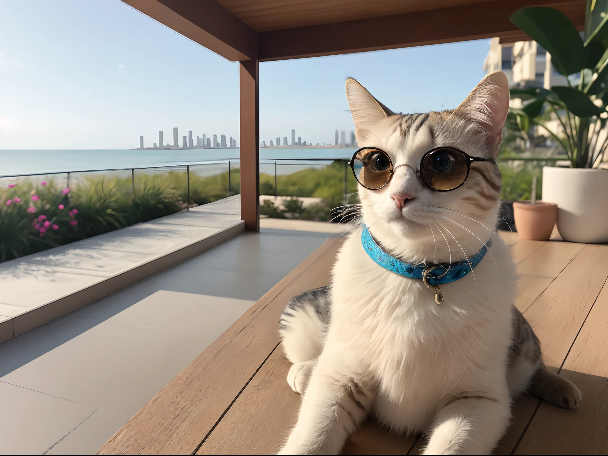 Intriguing cat with fashionable sunglasses lounging on the rooftop while enjoying a beach vacation. Astonishingly detailed eyes and face, with long eyelashes and intricate whiskers. The cat exudes an air of coolness and relaxation. The sunglasses are trendy, complementing the cat's style perfectly. The rooftop setting offers a unique and elevated perspective, adding depth and intrigue to the scene.

The medium is a realistic oil painting, giving it a classic yet vibrant feel. The brushstrokes are visible, adding texture to the artwork. The painting captures the cat's essence, highlighting its unique features and vibrant personality.

The additional details include a colorful beach scene in the background, complete with palm trees, clear blue skies, and sandy shores. The beachside ambiance is palpable, creating a sense of tranquility and summertime joy. The cat's fur is meticulously painted, showcasing its softness and shine. The rooftop is adorned with potted plants and cozy furniture, creating a comfortable and stylish environment.

The image quality is top-notch, with the highest resolution (best quality, 4k, 8k, highres, masterpiece:1.2). Every detail is sharp and meticulously rendered to capture the cat's intricate features and vibrant surroundings. The lighting is carefully crafted, with studio lighting techniques enhancing the cat's appearance and creating a sense of depth and dimension. The colors are vivid and vibrant, evoking a feeling of warmth and happiness.

Overall, this prompt generates a stunning image of a fashionable cat enjoying a beach vacation on a rooftop. The intricate details, realistic painting style, and vibrant colors make it an eye-catching and delightful artwork.
