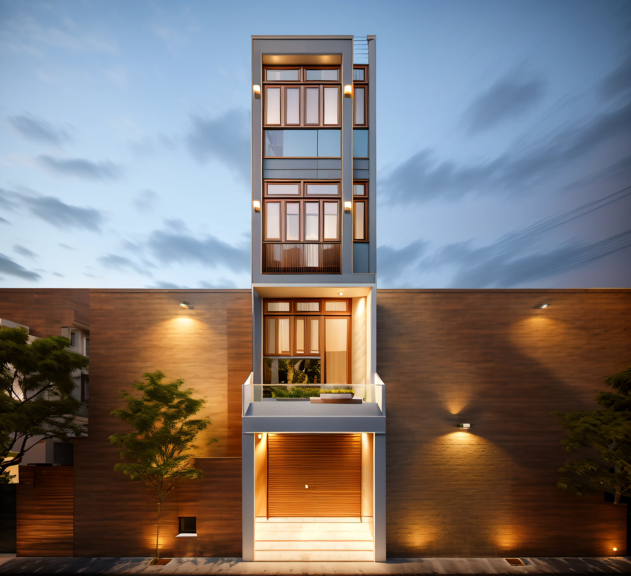 (Townhouse in city ,close houses and trees), daylight ( best quality) ((high solution)) ,(( photo realistic)) ,warm light, (sharp focus) front view of townhouse in style of modern,small house, Narrow area,VietNam,facade, curved arch,beautiful facade,curved windown,narrow and long ,two-storey,mutual colours, soft lighting, warm atmosphere,high Resolution, hyper detailed,4k ,vray render, octane render, hyper realistic, photography expert ,exterior design , professional photography, exterior photography,wide-angle shot , ultra detail , high Resolution , full frame, full body