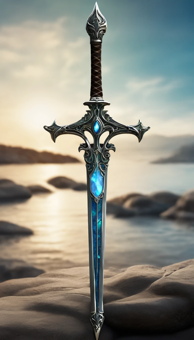 Excalibur, Delicate sleeves, The sword body is exquisite,well decorated,(((The blade of the sword is designed with a pattern in the form of blue opal and light green particle effects..:1.3))), Se, (The sword body is symmetrically decorated:1.3), (The entire Excalibur blade is centered:1.3), Mid-range close-up,(General silhouette:1.3),(Fantastic landscape painting:1.2), Ultra Realistic Photo, super-fine, 8K, Premium wallpapers, Highest image quality, ..。.。...。.3D,C4D, tmasterpiece, rendering by octane, A spear made of rune craft and Yggdrasil bark, Odin's Spear, Holding a spear,