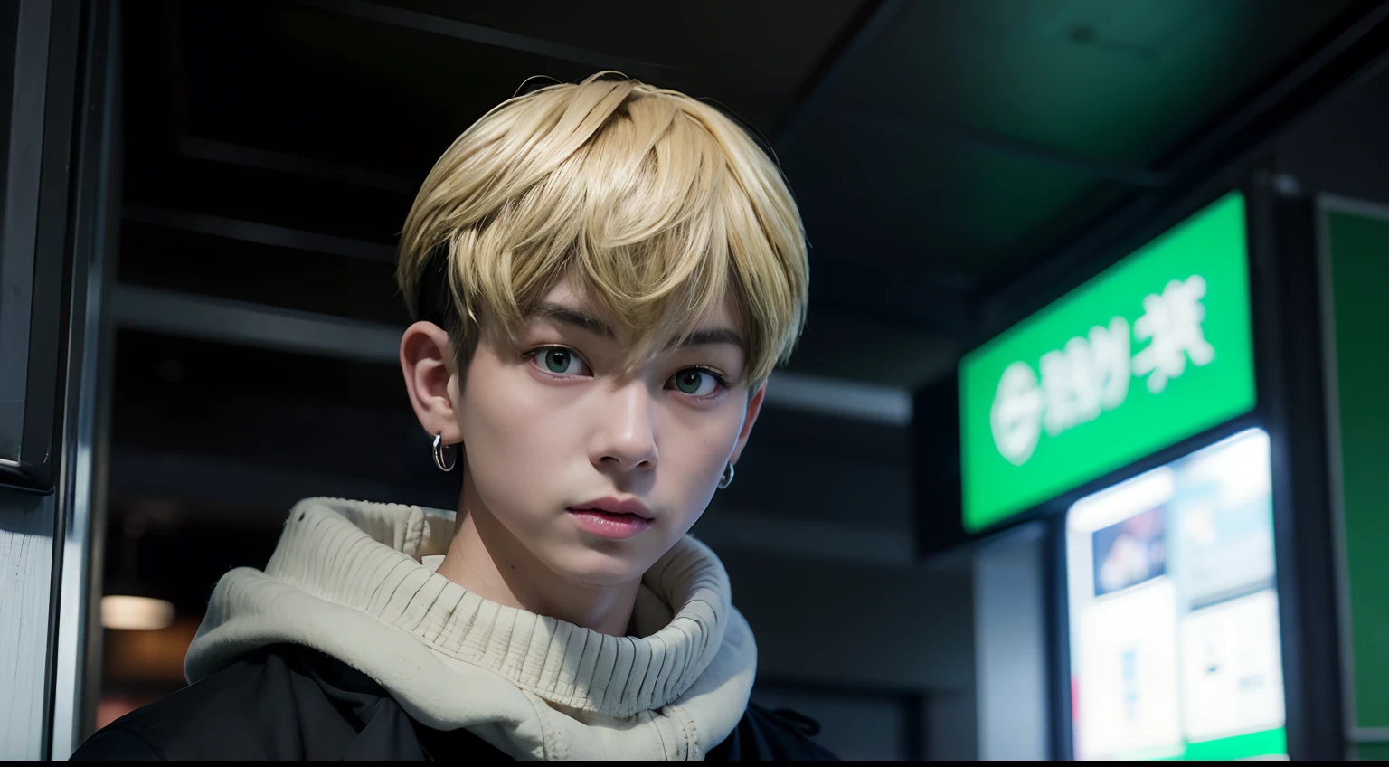 chifuyu matsuno, blonde hair, 1boy, solo, male focus, green eyes, bangs, undercut, short hair, earrings, jewelry, hair between eyes, single earring