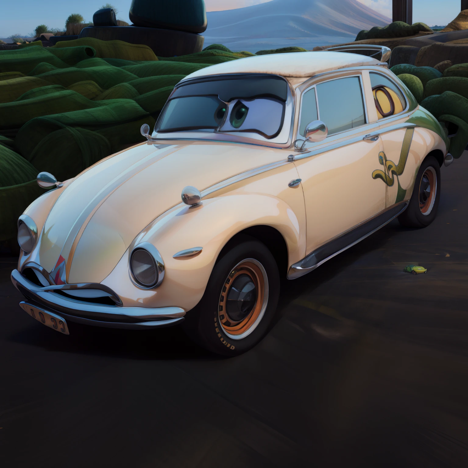 Detalhado, CG, Pixarcars, carro Beatle, vehicle, pintura amarela, corpo amarelo, olhos verdes, 3D-rendering, Pixar