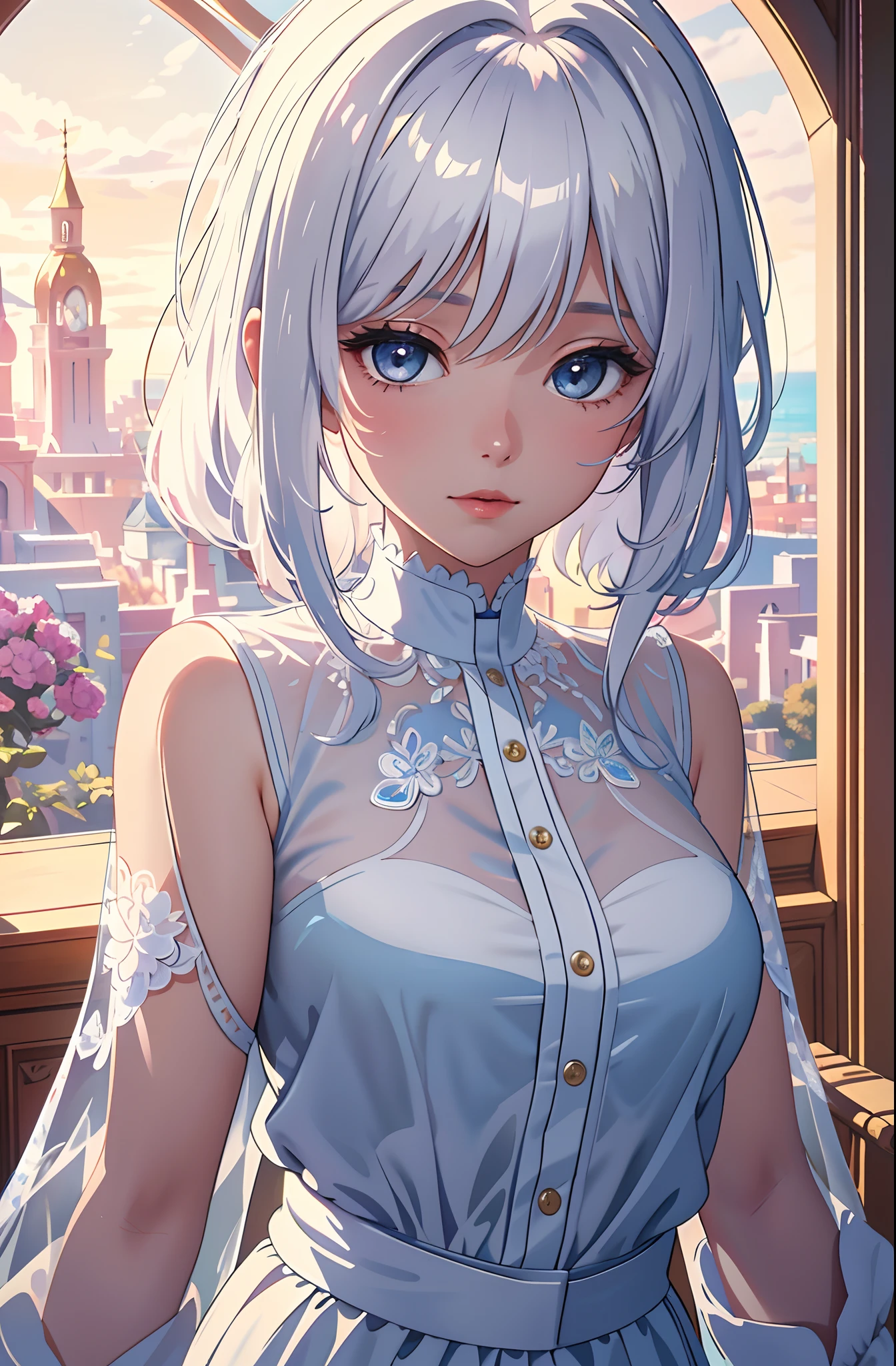 Artwork, 8k! animated illustrations, masterpieces, highly detailed 8k CG unit wallpapers, bright incredible colors, white hair, wearing a simple sensual blouse, almost transparent, her gaze is focused on the viewer, the background of the beautiful room landscape, the calm soft and simple light on the face of a beautiful girl.