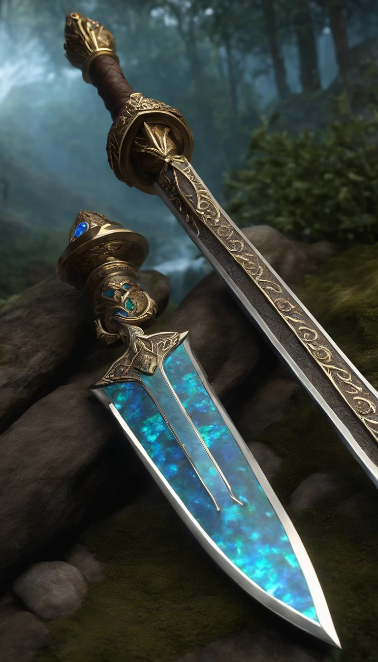 Excalibur, Delicate sleeves, The sword body is exquisite，well decorated,（((The blade is designed with a pattern in the form of blue opal and light green particle effects..：1.3))), Se, (The sword body is symmetrically decorated:1.3), (The entire Excalibur blade is centered:1.3), Mid-range close-up,（General silhouette:1.3),（Fantastic landscape painting:1.2), Ultra Realistic Photo, super-fine, 8K, Premium wallpapers, Highest image quality, ..。.。...。.。.3D,C4D, tmasterpiece, rendering by octane, A spear made of rune craft and Yggdrasil bark, Odin's Spear, Holding a spear,