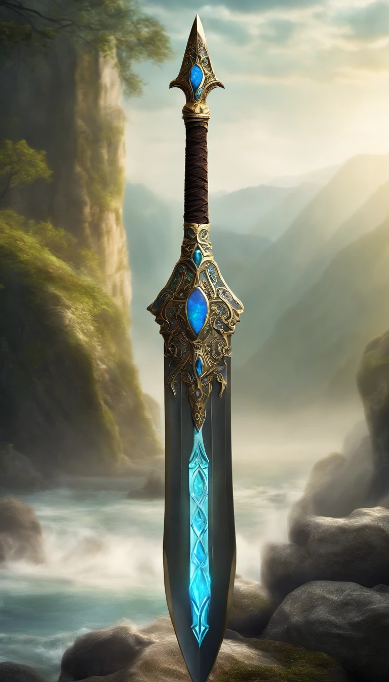 Excalibur, Delicate sleeves, The sword body is exquisite,well decorated,(((The blade is designed with a pattern in the form of blue opal and light green particle effects..:1.3))), Se, (The sword body is symmetrically decorated:1.3), (The entire Excalibur blade is centered:1.3), Mid-range close-up,(General silhouette:1.3),(Fantastic landscape painting:1.2), Ultra Realistic Photo, super-fine, 8K, Premium wallpapers, Highest image quality, ..。.。...。.。.3D,C4D, tmasterpiece, rendering by octane, A spear made of rune craft and Yggdrasil bark, Odin's Spear, Holding a spear,