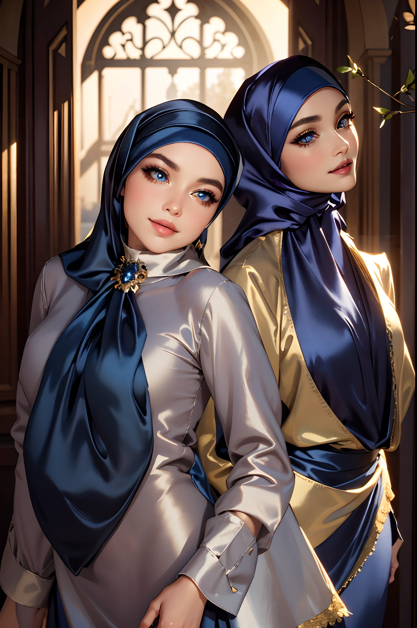 Masterpiece, realistic, best quality, best lighting, 1 girl photo solo, beautifully makeup, eyeshadow, Parted Lips, Detailed Eyes, beautiful big eyes, long eye lashes, smile, wearing ((Dark blue satin headscarf)), loosely tide hijab style, ((Taupe satin shirt)), satin long skirt,