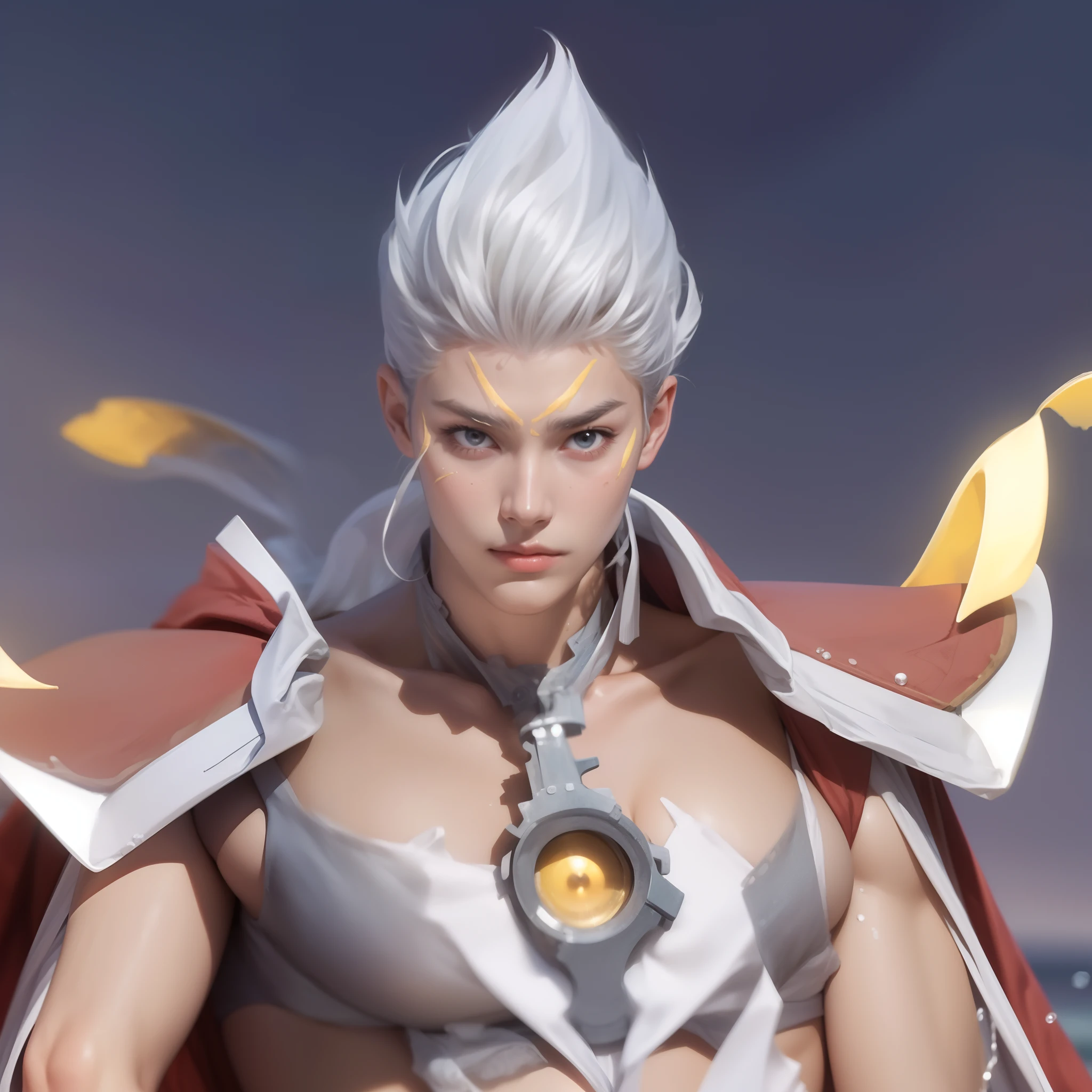 (max resolution: 1.2), (Ultra HDTV: 1.2), 8K resolution, Eye and skin details, detailed facial features, , (Sharp focus: 1.2), (Focus focus) facial expressions: 1.2), 1 Guy, Standing, White hair, exposed chest, 8 pack, (shirtless) shirtless, exposed white thighs, (((white briefs))), ((( Water, Seawater)))