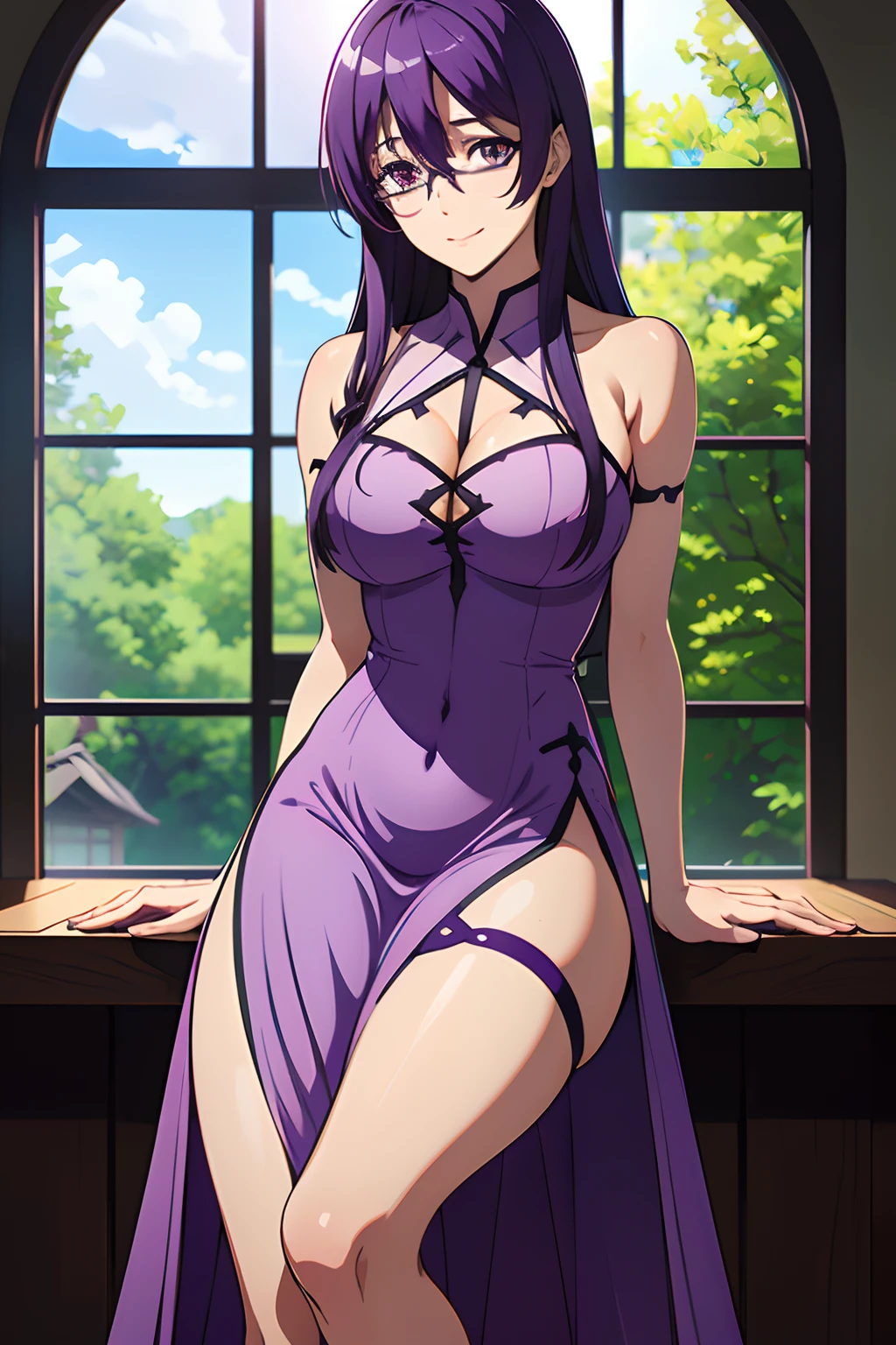 Sheele, solo, glasses, purple hair, 1girl, purple eyes, long hair, smile, window, bare shoulders, hour glass body, ((Purple Sundress)) ((Extremely Detailed)), ((Best Quality)), ((Masterpiece)), ((4k)), under rimmed eyewear, white high thighs